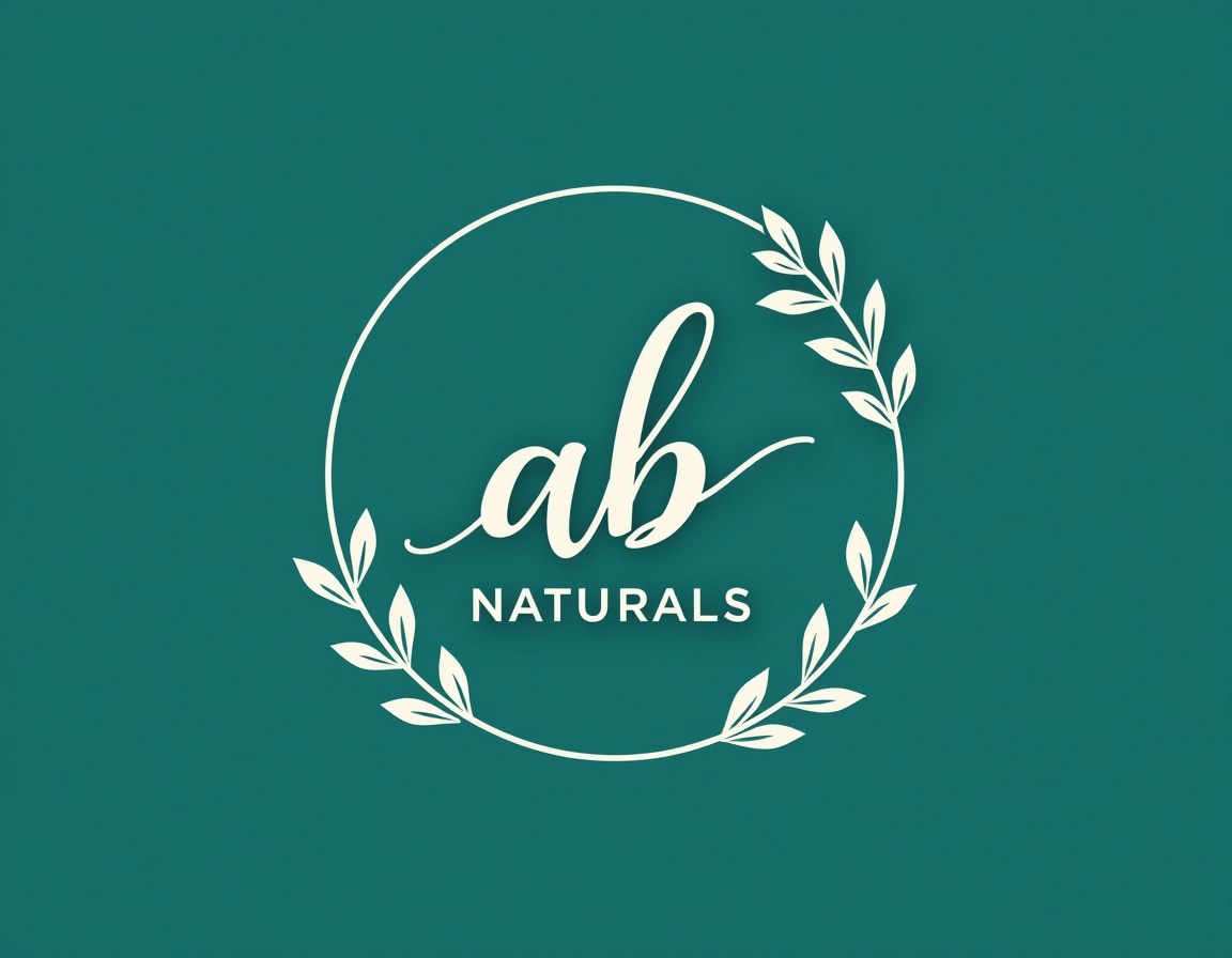 Create a logo design featuring a circular shape with a stylized lowercase "ab" in a modern, elegant script. Use a deep teal background and white lettering. Incorporate minimalistic floral elements, like abstract leaves, on one side of the circle. Replace any text for branding with the term "Naturals" in a sleek sans-serif font below the circle. Adapt the elements to ensure a fresh aesthetic while maintaining a harmonious and balanced composition.
