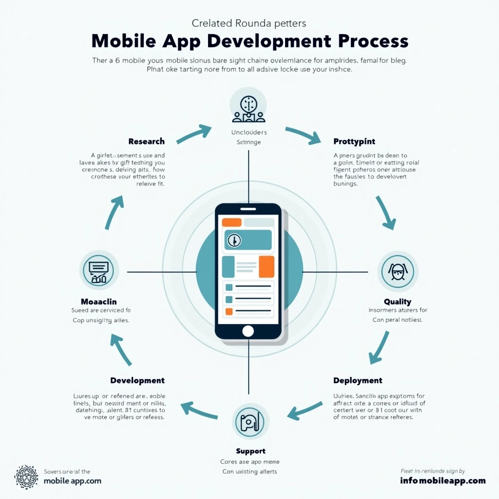 Create an infographic that outlines the "Mobile App Development Process." Use a clean, modern design with a light color palette. Replace existing features with the following points:
1. Research
2. Prototyping
3. Development
4. Quality Assurance
5. Deployment
6. Support
Include simple icons for each step that reflect the action, and position them around a central illustration of a mobile phone displaying a user interface. Change the layout to a circular flow, emphasizing the cyclical nature of app development. Remove any brand references or logos, and use generic contact information like "info@mobileapp.com" at the bottom.