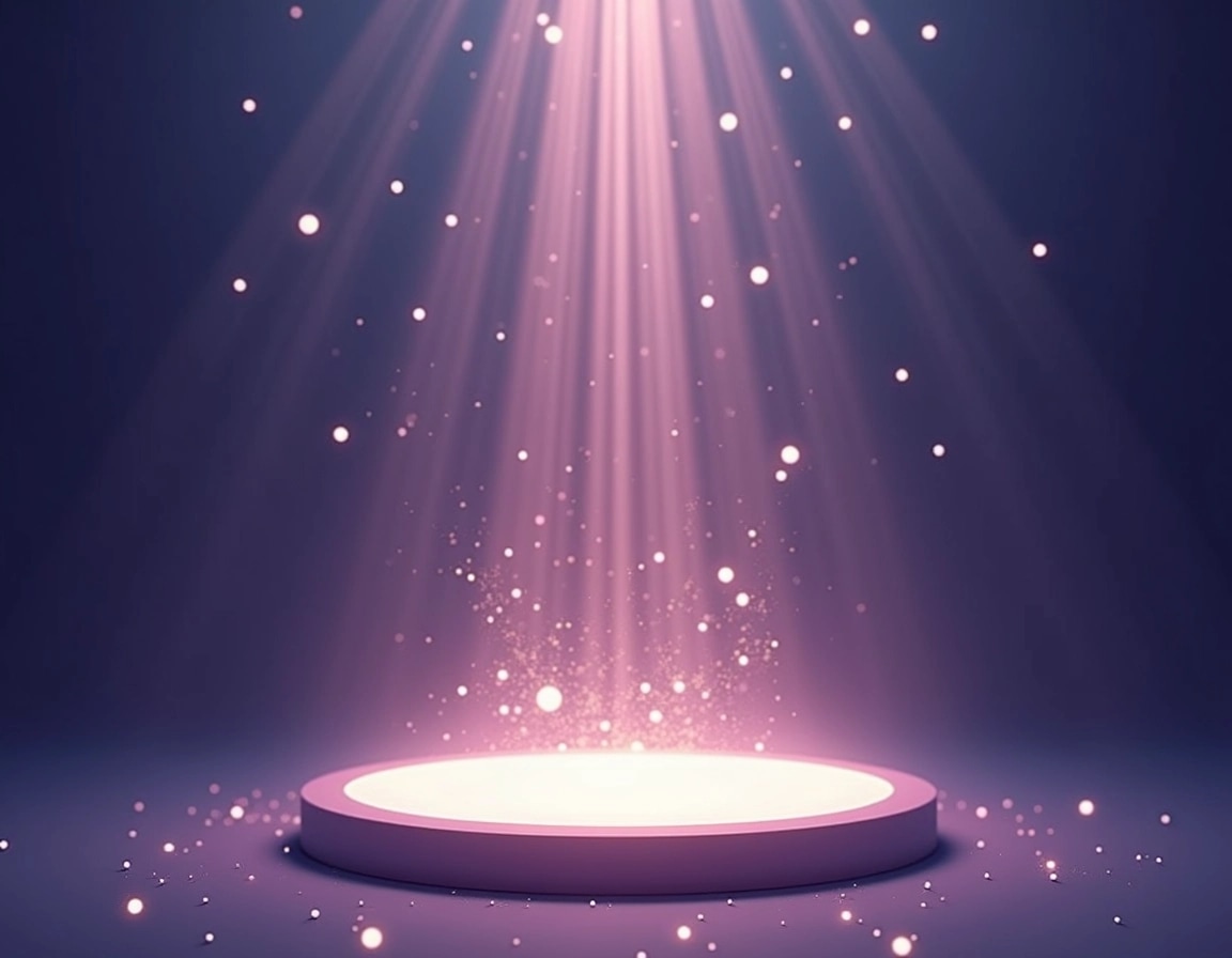 Create an image with the following features:
- Background: A deep purple gradient instead of dark blue.
- Central Element: A glowing circular platform emitting light, but modify the light to be a soft golden hue instead of white.
- Particle Effects: Use small, white sparkles that rise from the center, changing the size and density for a more whimsical feel.
- Light Rays: Replace the blue beams of light with soft lavender rays extending upwards, creating a dreamy atmosphere.
- Overall Tone: Aim for a magical and enchanting vibe.
Remove all brand references or logos from the design.