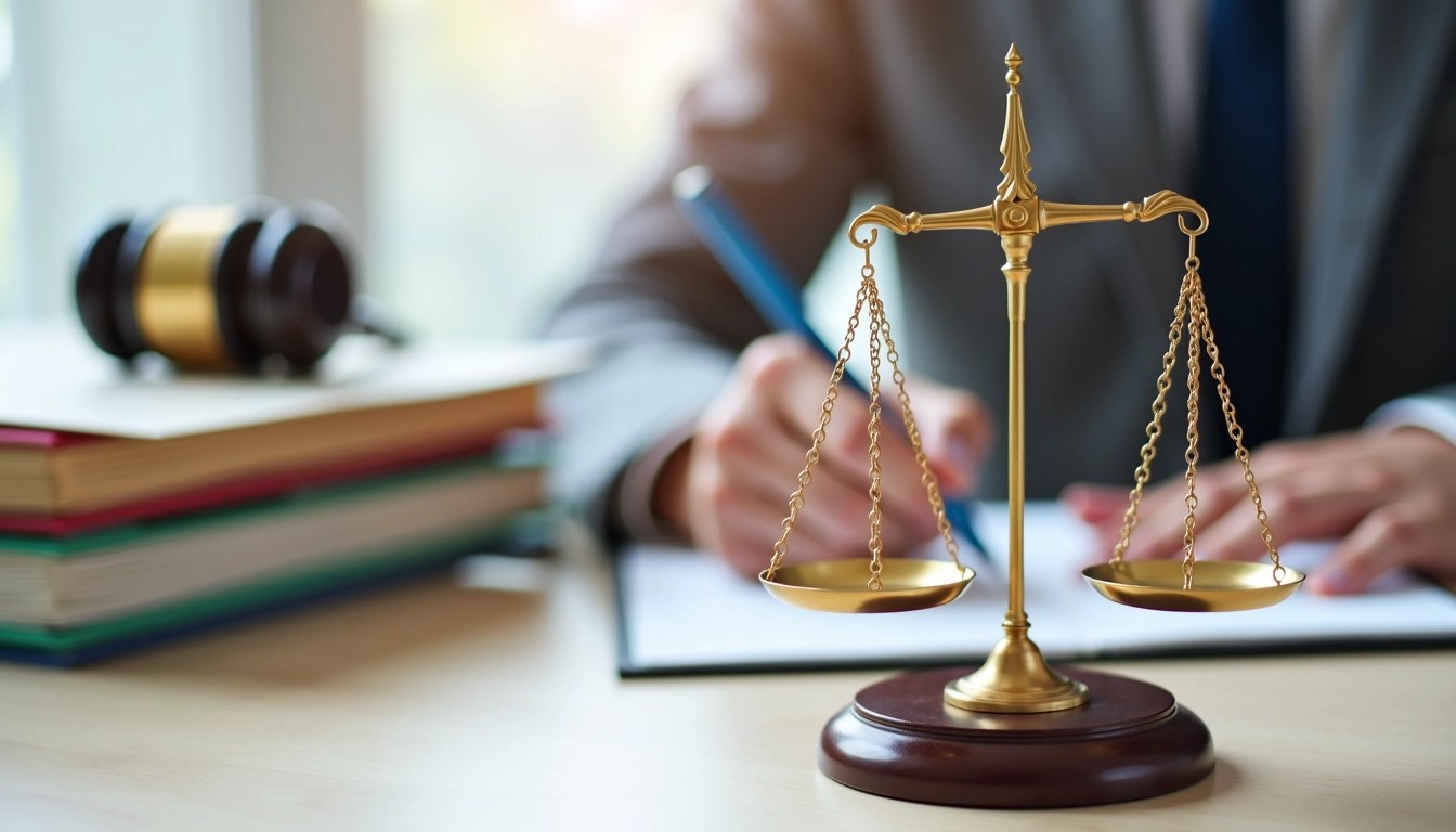 Create an image featuring a balanced scale on a desk, symbolizing justice, but change the scale to be a modern, minimalist design. Remove any specific branding. Include a stack of colorful folders instead of legal documents, and replace the gavel with a decorative paperweight. Show a person's hand writing on a notepad instead of typing or holding a pen, while maintaining a neutral background to suggest a professional environment.