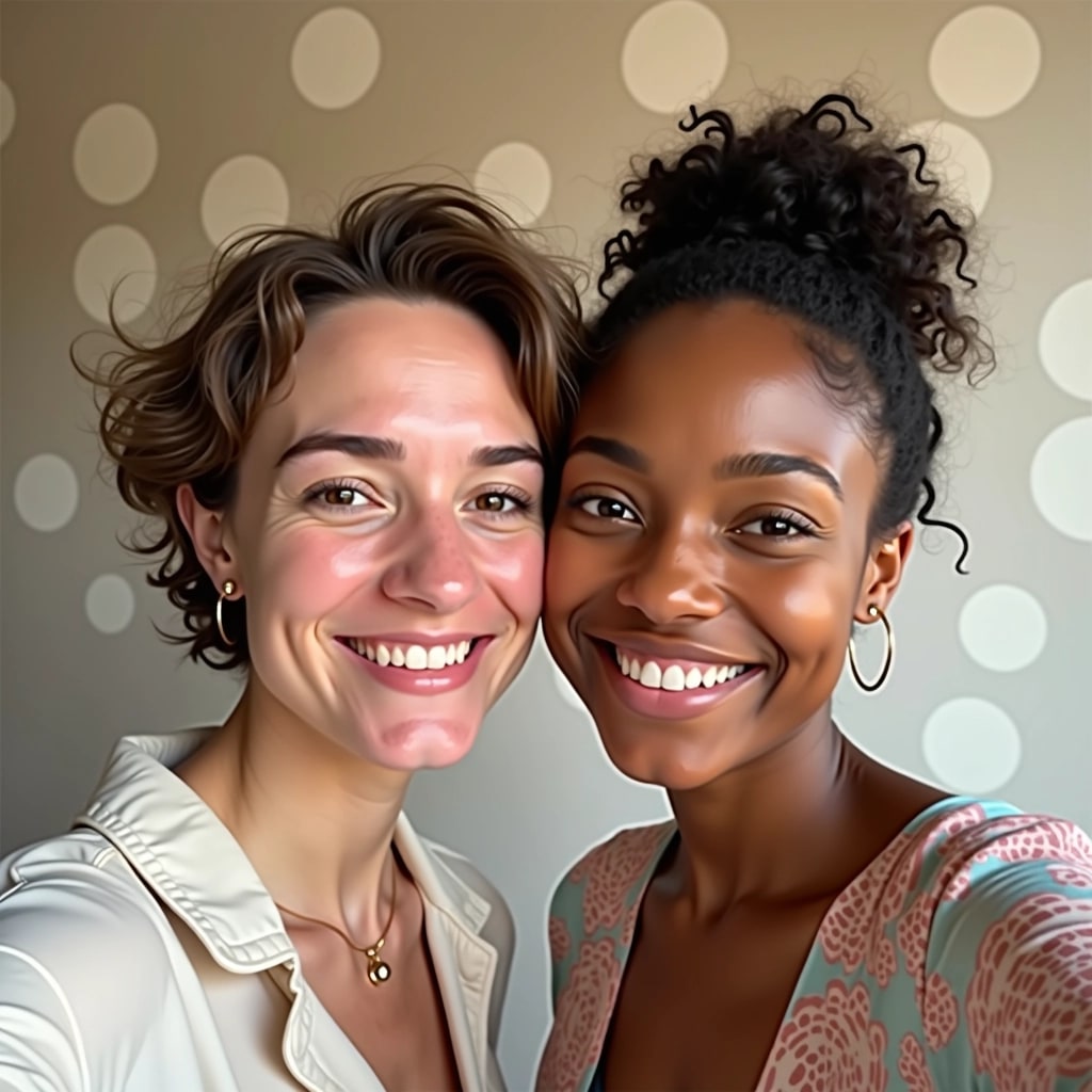 Create an image featuring two people taking a selfie. One person has short, wavy hair and wears a light-colored shirt, while the other has curly hair tied back and is wearing a patterned blouse with pastel colors. The background should be a neutral-toned wall with abstract shapes. The lighting should be warm, creating a friendly and inviting atmosphere. Make sure to avoid any brand logos or identifiable features.