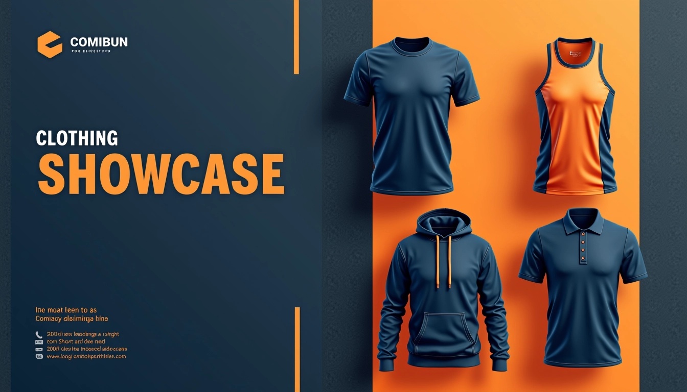 Design a clothing showcase image featuring various athletic wear. Change the color scheme to dark blue and orange, and remove all brand references. Use simple geometric shapes in the logo, such as circles and triangles, and keep the focus on clean lines. Arrange the items in a similar layout: a t-shirt, tank top, shorts, hoodie, and a polo, ensuring the designs are modern and suitable for a sports theme. Include placeholder contact information at the bottom without specific details. Use a textured background that adds depth without overpowering the clothing items.