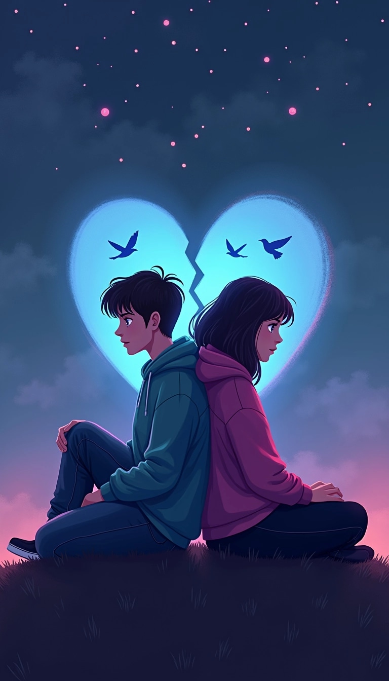 Create an image featuring two individuals sitting back to back, separated by a stylized broken heart shape. The heart should be in shades of blue and purple, symbolizing sadness but with a hint of hope. In the background, replace birds with stars or small glowing orbs to convey a dreamy atmosphere. The individuals can be dressed in casual, colorful clothing instead of hoodies, and the setting should transition from dark to light, suggesting a journey toward healing or moving on.