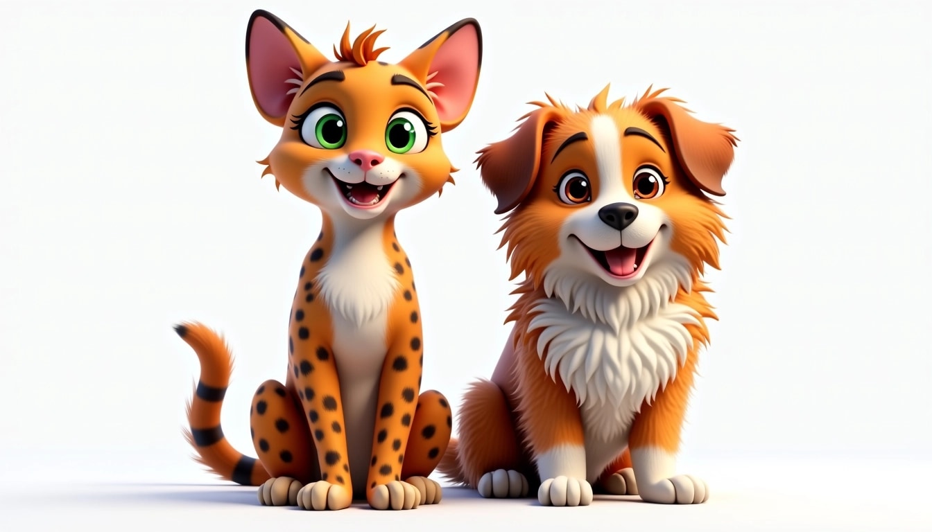 Create an image featuring a brown-spotted feline with vibrant green eyes alongside a fluffy, smiling canine with a colorful coat. The background should be plain white to emphasize the animals. Change the cat's shape to a more rounded body and alter the dog's expression to appear more curious. Remove any references to brands or logos.