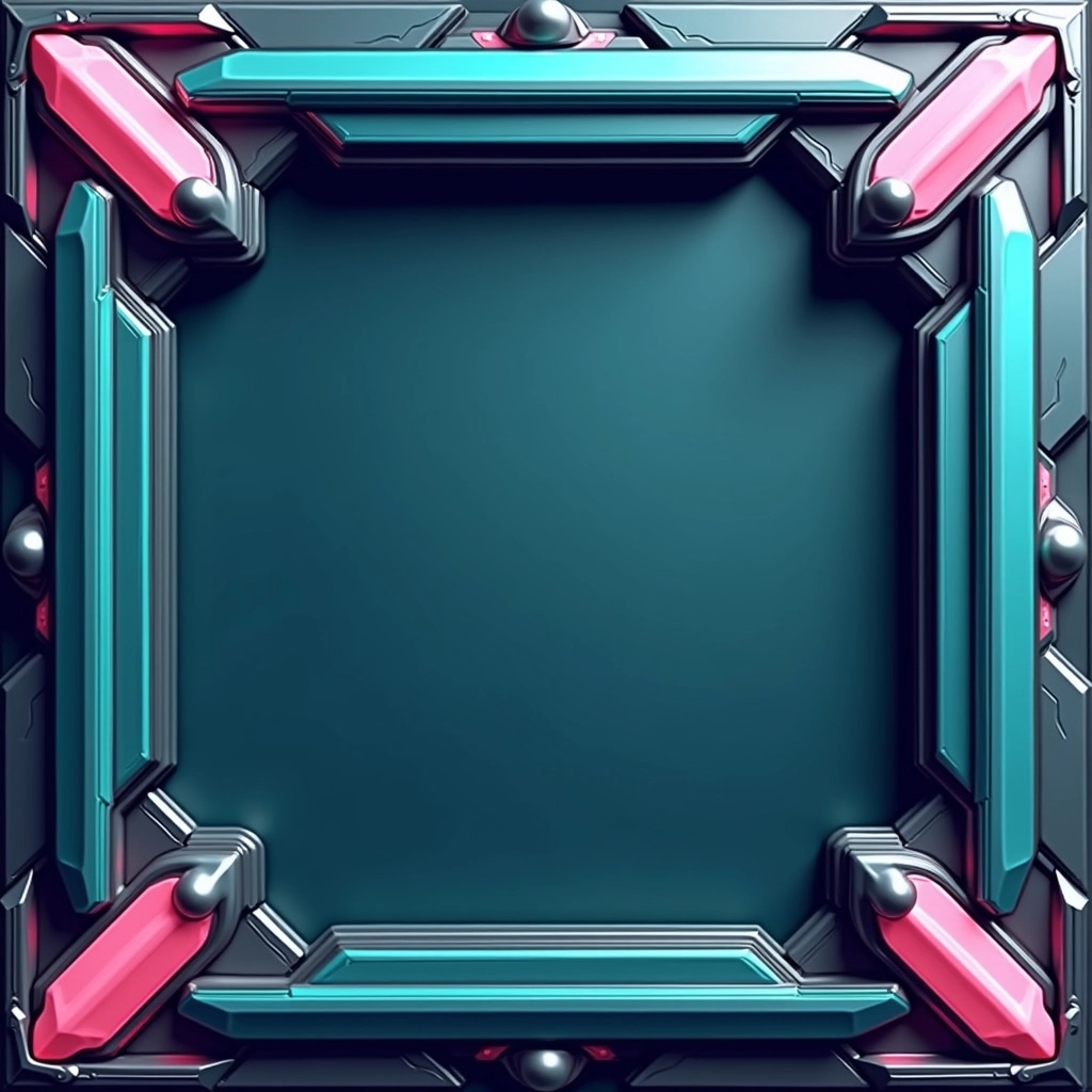 Create a border design featuring a rectangular shape with rounded corners. Use a gradient transitioning from deep blue to light aqua for the border. Replace the pink crystals with circular silver accents at each corner. Incorporate intricate, angular patterns along the edges, using a slightly darker shade for depth. The overall look should evoke a futuristic yet elegant aesthetic, suitable for a high-tech theme.