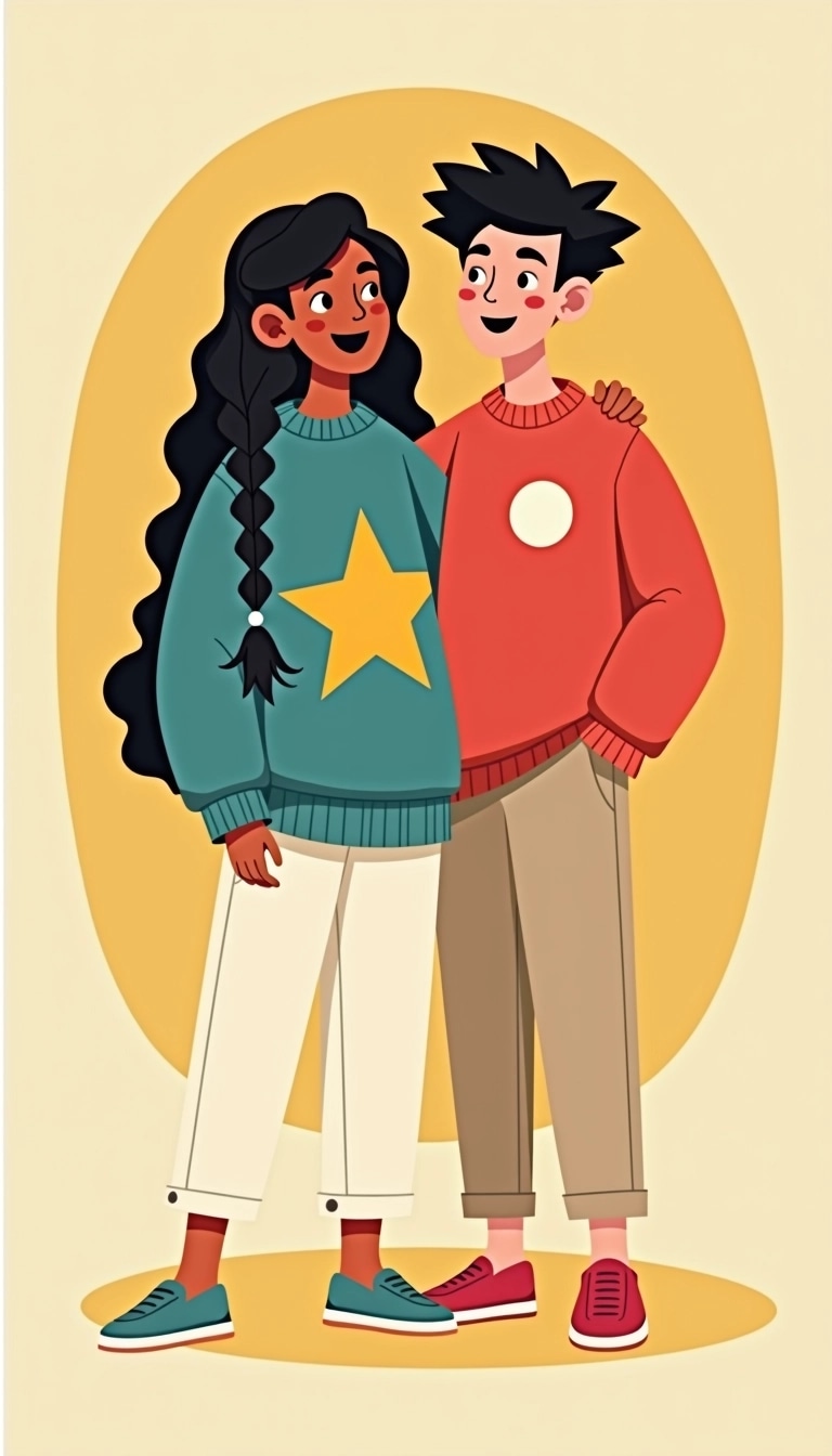 Create an illustration featuring two friends standing together. One has long, braided hair and wears a teal oversized sweater with a yellow star design, paired with cream pants. The other has short, spiky hair and wears a bright red sweatshirt with a simple white circle logo, along with beige pants. The background is a soft gradient of yellow, giving a cheerful atmosphere. Adjust their expressions to be playful and lively, showcasing a sense of camaraderie.