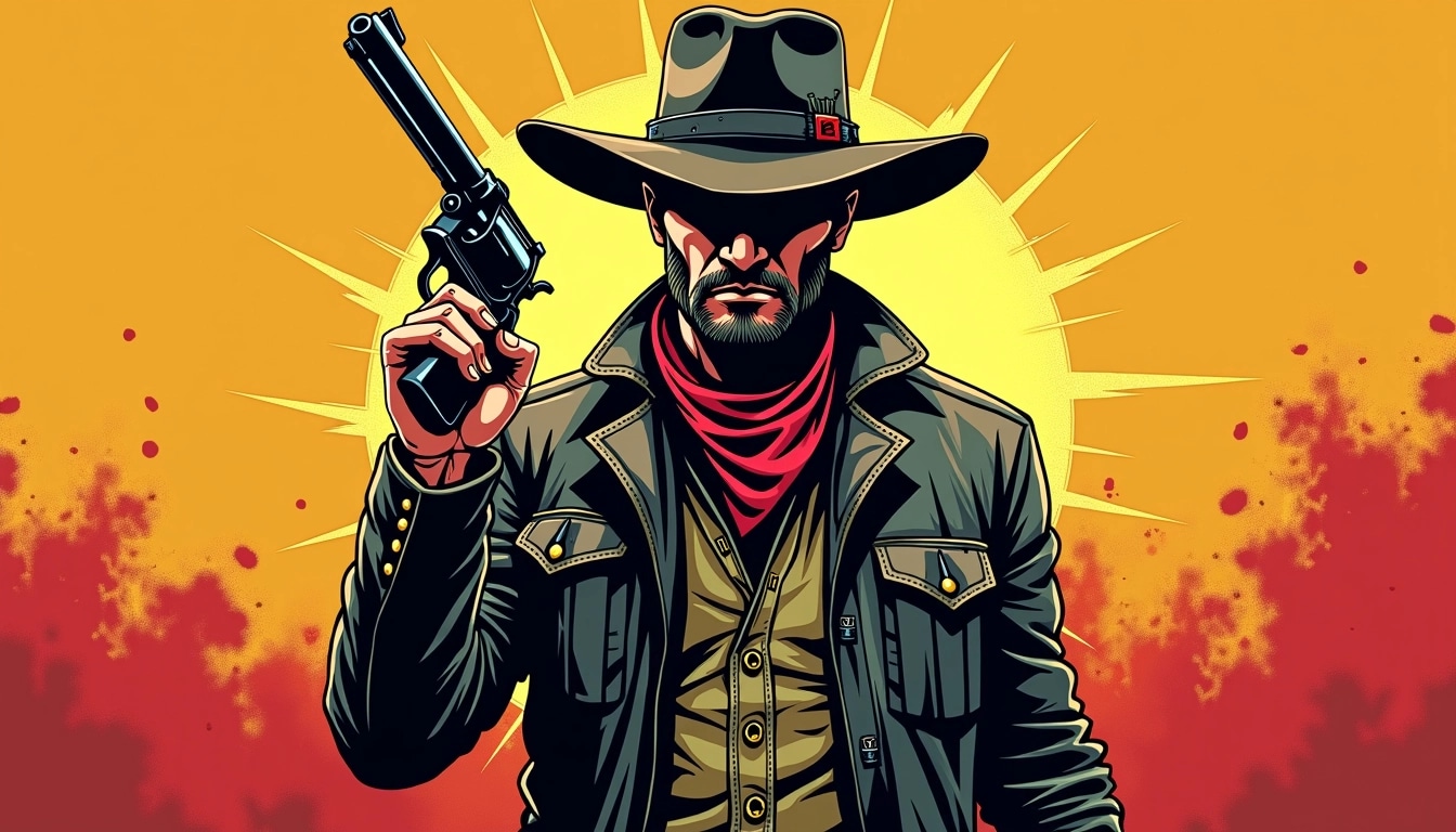 Create an illustration of a rugged, stoic figure in a wide-brimmed hat, standing with one hand resting on a revolver, while the other hand holds a cigar. The figure wears a weathered leather jacket and a bandana around the neck.
The background should be vibrant and abstract, featuring splashes of red, yellow, and black, creating a sense of movement and energy. Modify the colors to appear more muted and earthy, with hints of green. Add a stylized sunburst effect behind the figure, emphasizing their presence without direct brand references.