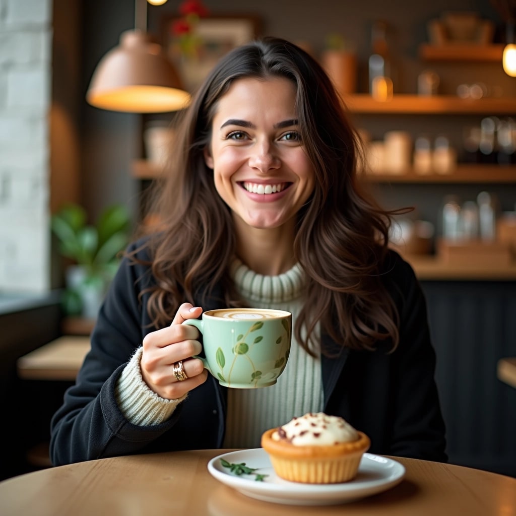 AI-generated image of a smiling person drinking coffee
