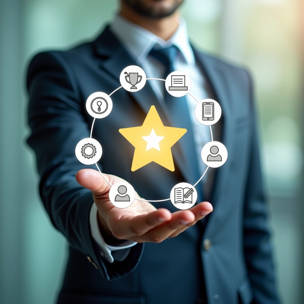 Design a new image featuring a person in formal attire extending a hand. Replace the central icon with a star symbol, surrounded by a diverse set of icons representing various fields like education, technology, research, wellness, community services, and environmental efforts. Use a soft gradient background with shades of blue and green, and remove any brand identifiers or logos from the elements for a neutral appeal. The overall aesthetic should be modern and professional.