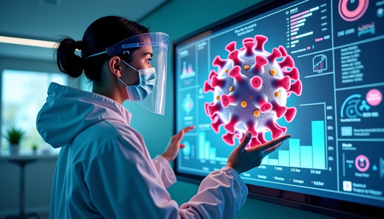 Create an image showing a scientist in a futuristic laboratory setting. The scientist, wearing a sleek, modern protective suit, is facing a holographic representation of a virus, depicted in vibrant colors with intricate details. In the background, replace the screen with a digital display showing abstract data and graphs related to health research. The overall atmosphere should have a high-tech and sterile feel, with soft blue and white lighting, and no visible brand references. Add a few floating digital icons around the hologram to emphasize advanced technology.