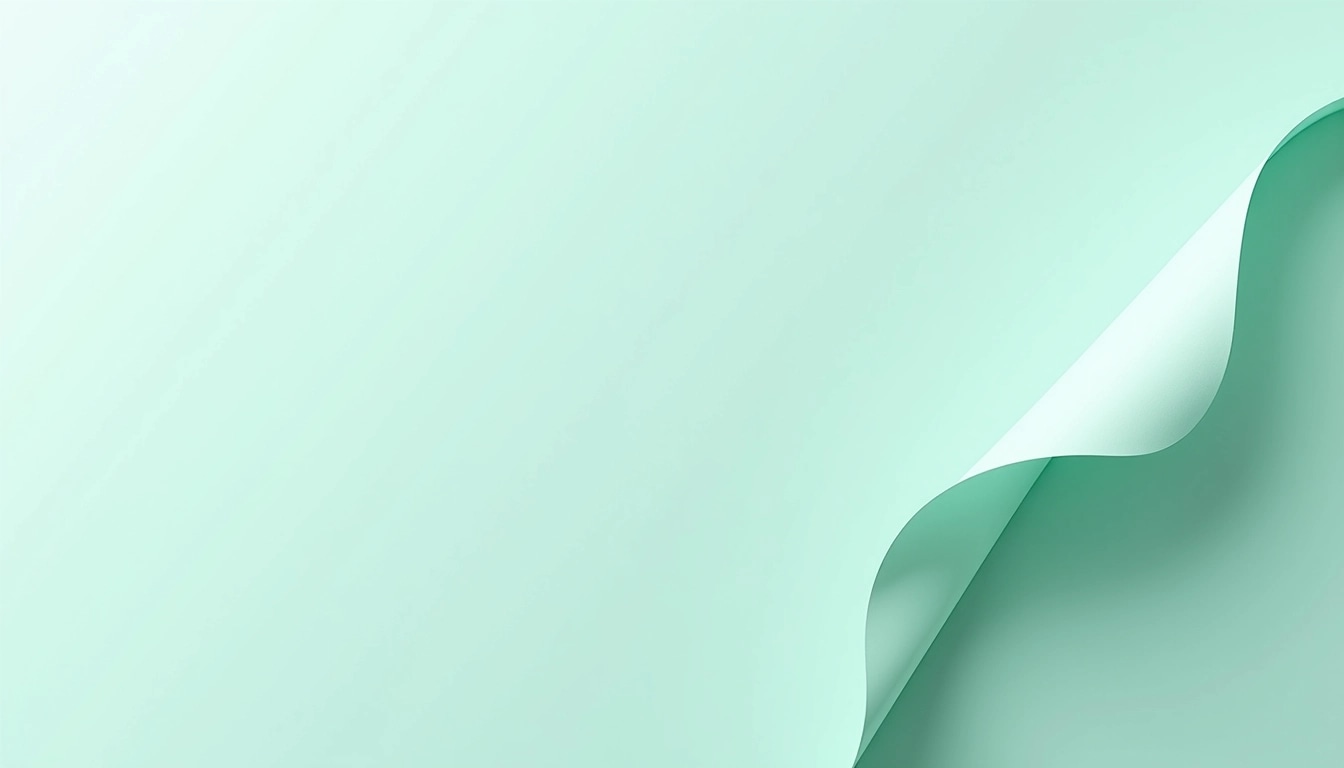 Create an image featuring a curled paper corner that gracefully flows from the top left to the bottom right. The paper should have a smooth texture and a subtle sheen to suggest a glossy finish. Remove any brand logos or watermarks and adjust the color to a soft pastel tone, like light blue or pale green, for a fresh and inviting look. The background should remain a neutral shade to enhance the paper's visibility. Ensure the overall design feels clean and modern, suitable for a presentation or a creative project.