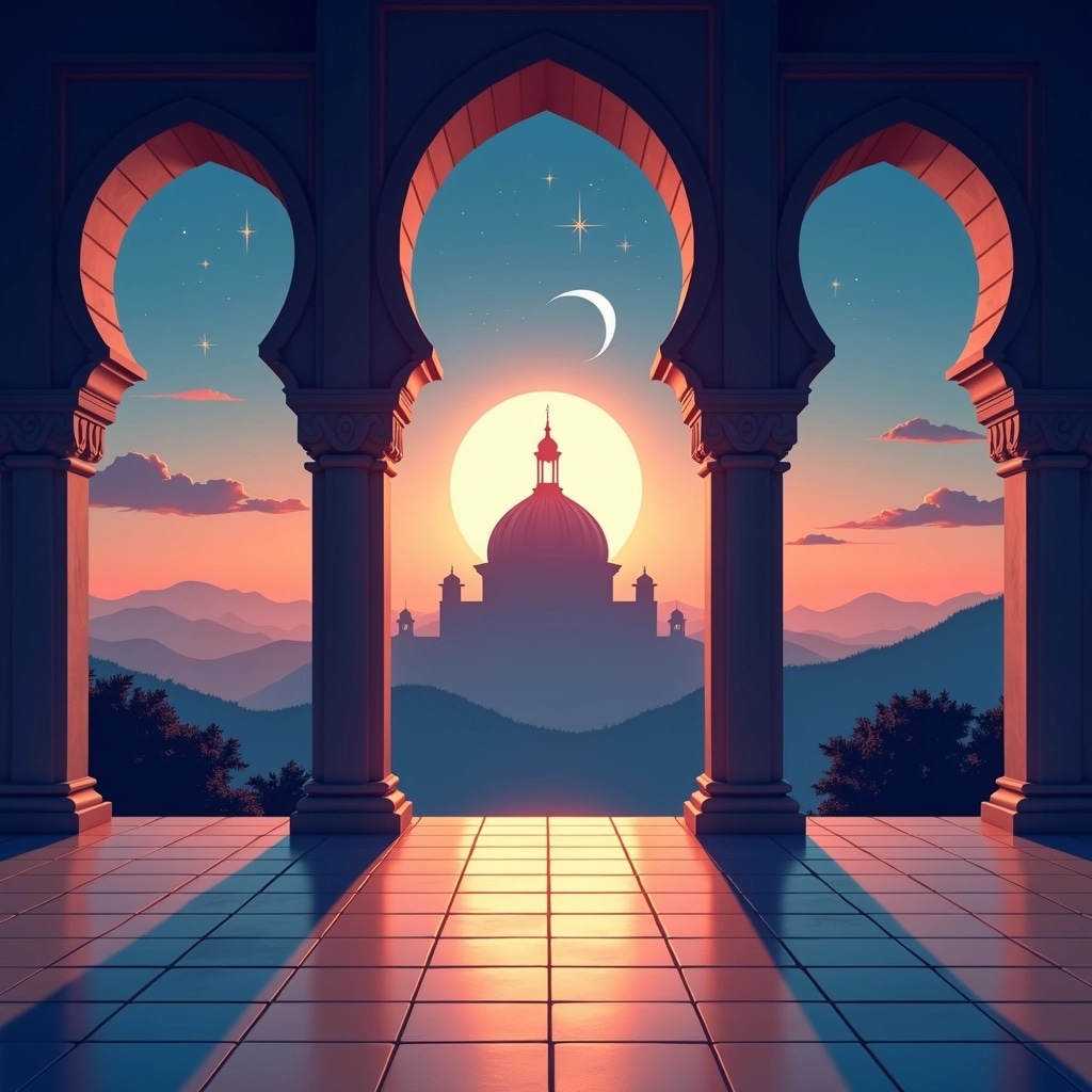 Create a serene architectural scene featuring three large arches framing a silhouette of a fantastical palace at sunset. Replace the dome with an intricate spire, and change the background to incorporate rolling hills instead of a flat landscape. Instead of a crescent moon, depict a starry sky with a large glowing star. The color palette should transition from deep blue at the top to warm oranges and pinks near the horizon, casting soft shadows on the tiled floor below.