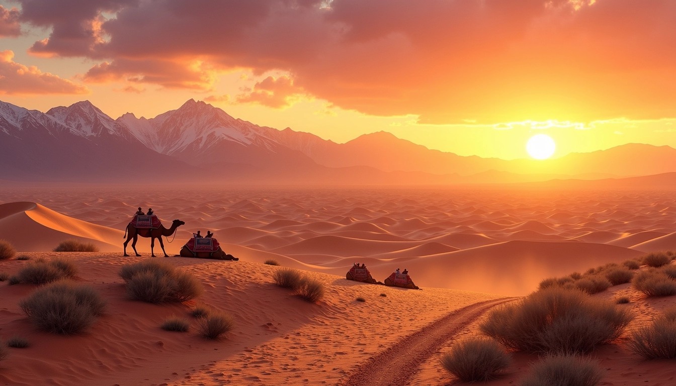 Create a landscape image featuring a vast desert scene with rolling sand dunes under a vibrant sunset. In the background, depict a range of mountains with their peaks capped in snow. Add a few camels resting on a sandy patch, surrounded by sparse shrubbery. Instead of a highway, include a winding dirt path leading off into the distance. Remove any brand elements or logos.