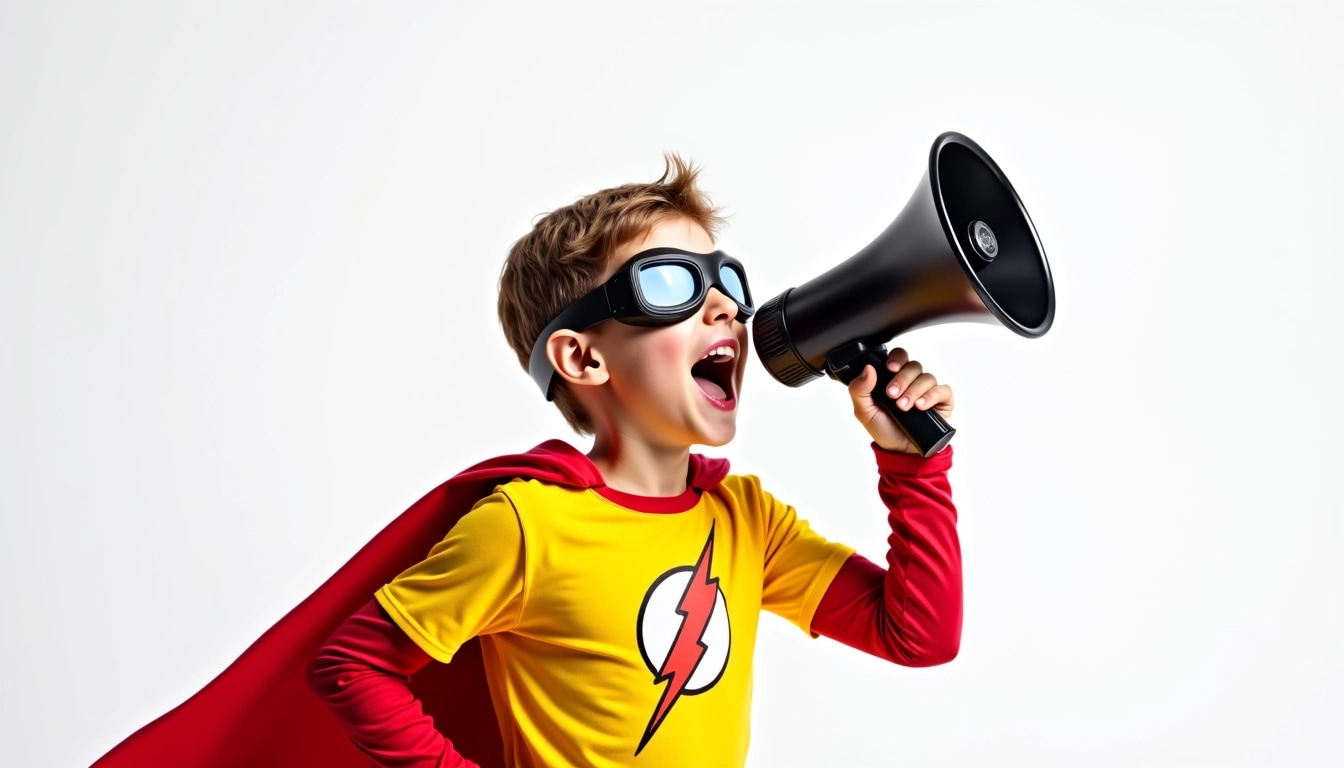 Create an image of a superhero character enthusiastically shouting into a megaphone. The character has a colorful, non-branded costume with a bright yellow shirt featuring a unique emblem (not a lightning bolt) and a red cape. They are wearing a casual head accessory resembling goggles, but with a distinct design. The background is a solid white to keep the focus on the character's energetic pose and expression. The character should convey excitement and positivity, emphasizing their role as a communicator or motivator.