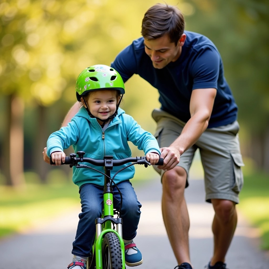 Create an image featuring a child riding a bicycle with a parental figure assisting them. The child should wear a bright green helmet with fun graphics, and a light blue jacket. The adult figure is wearing a short-sleeve navy shirt and cargo shorts, but the shoes should be sneakers instead of hiking boots. Change the background to a soft, sunny park scene, avoiding any brand logos or references.