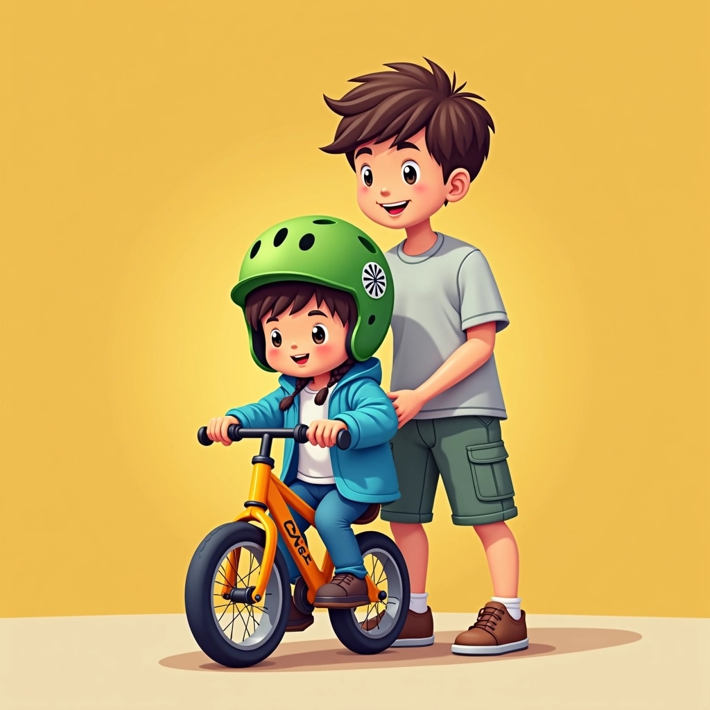 Create an image featuring a child learning to ride a bicycle with a guardian. The child should wear a bright green helmet adorned with stickers and a blue jacket. The guardian, dressed in a light gray t-shirt and cargo shorts, is gently guiding the child's bike from behind. The background should be a warm yellow, evoking a sunny day, but without any brand logos or specific references.