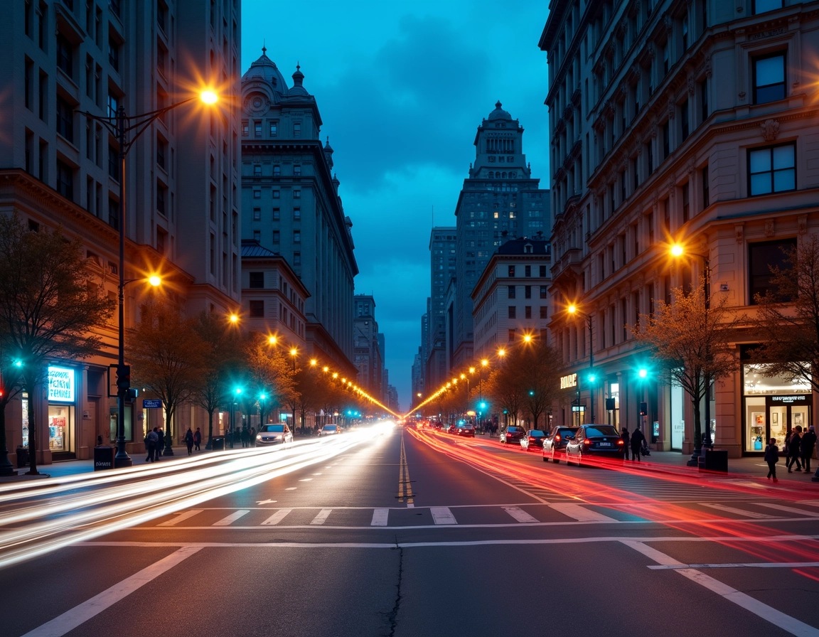 Create an urban night scene featuring a busy intersection with flowing vehicle lights and street lamps illuminating the surroundings. The architecture should reflect a blend of modern and classic styles, with a prominent building on one side that has ornate design elements. The sky should transition from deep blue to darker shades, and add some soft clouds. Incorporate traffic signals, but opt for a different color scheme than traditional red and green. Instead, use blue and orange for the lights. Remove any identifiable brand references from signage and ensure street signs have generic names. Use a wide-angle perspective to emphasize the bustling activity of the area.