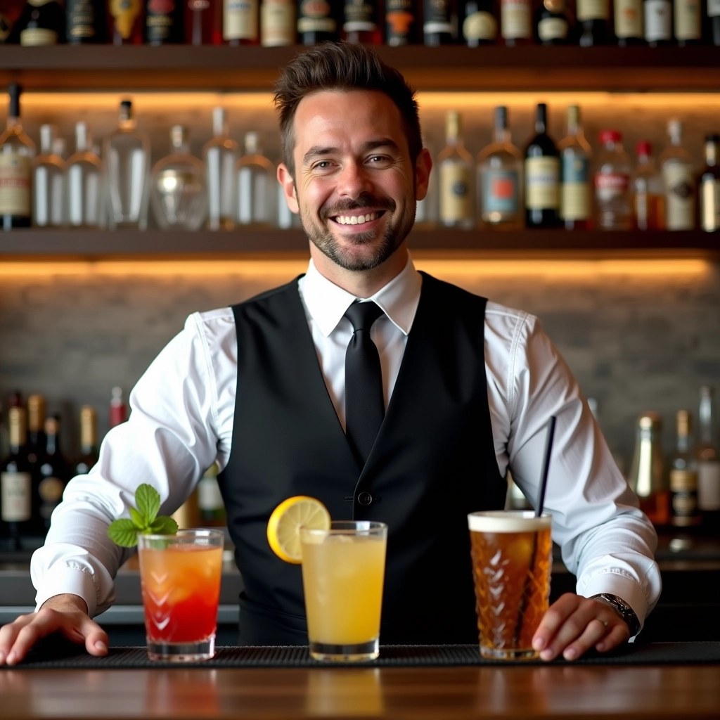 Create an image featuring a bartender in a cozy, upscale bar setting. The bartender should have a friendly expression and be wearing a stylish black vest over a white shirt, with a tie. Behind the bar, instead of a wall of bottles, display a variety of colorful drinks on the counter, including a cocktail glass with a twist of citrus, a tall glass of a refreshing soda, and a short glass of a dark beverage. The background should have warm lighting and wooden shelves lined with glassware, without any visible logos or brand references.