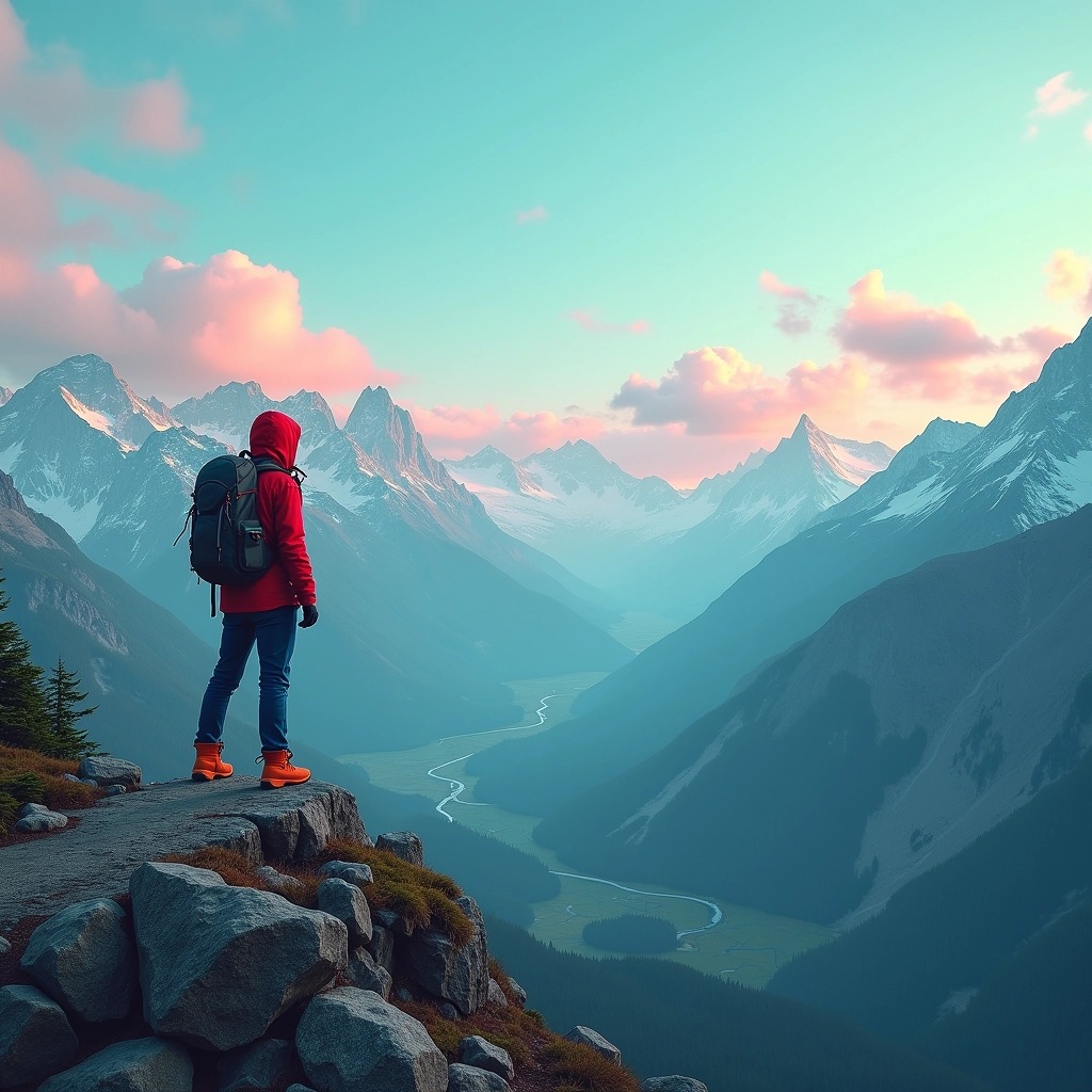 Create an outdoor adventure scene showcasing a solitary figure standing on a rocky ledge, gazing over a vast mountain landscape. The figure should wear a red jacket and blue pants, with orange hiking boots. The mountains in the background should be rugged, with a mix of snowy peaks and green valleys below. The sky should be a vibrant blend of teal and soft pink hues, capturing the essence of dawn or dusk. Remove any brand-related elements and ensure the overall vibe conveys a sense of exploration and tranquility.