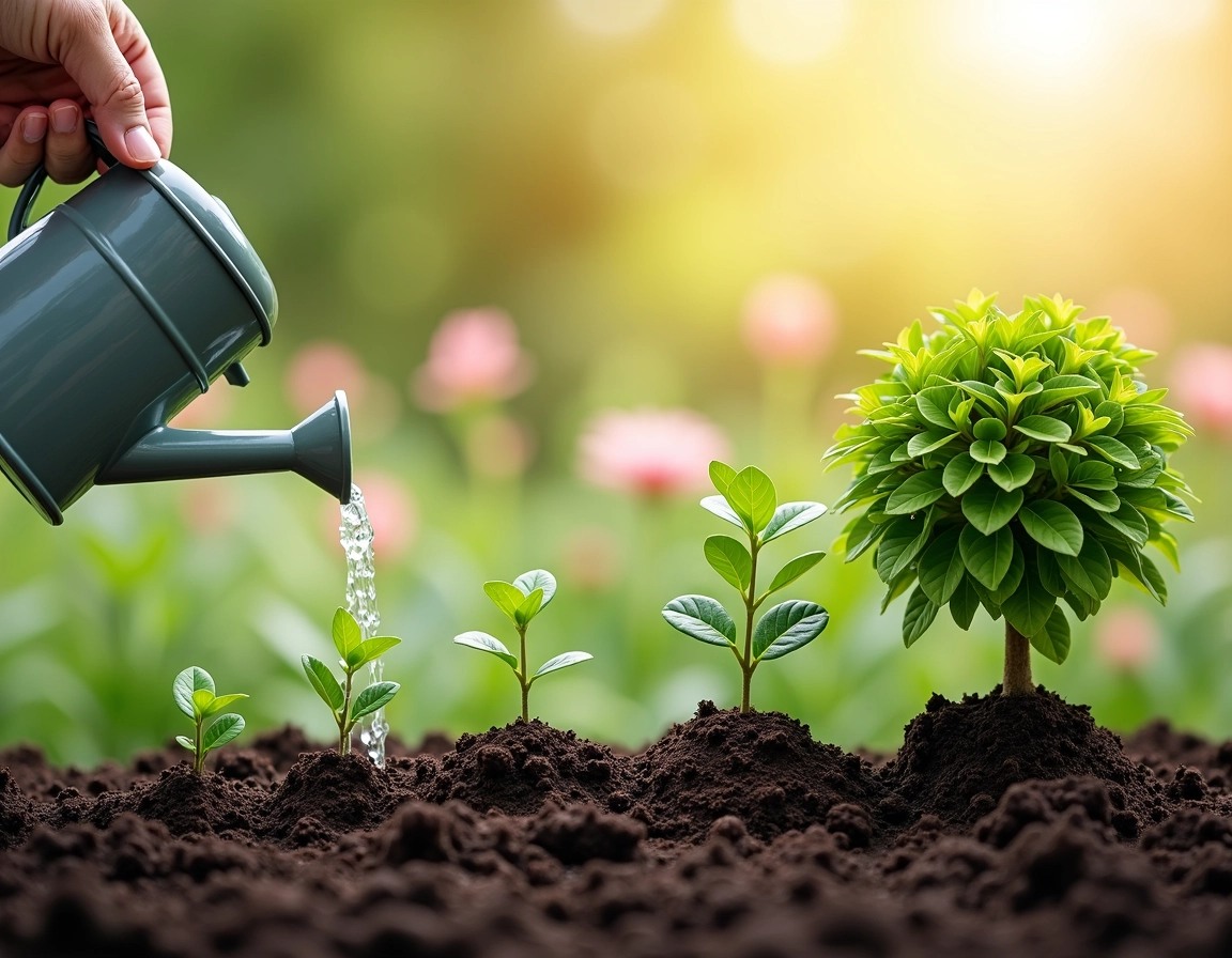 Create an image featuring five plants at various growth stages in a garden setting. The first plant should be a small seedling with two tiny leaves, followed by a slightly taller sprout with more defined leaves. The third plant should have more mature leaves, and the fourth should be bushier with vibrant green foliage. The final plant should be fully grown, with an abundant canopy. Replace the hand hovering over the seedlings with a watering can gently pouring water onto the first seedling, and change the background to a sunny outdoor scene with blurred flowers and a soft, warm glow.