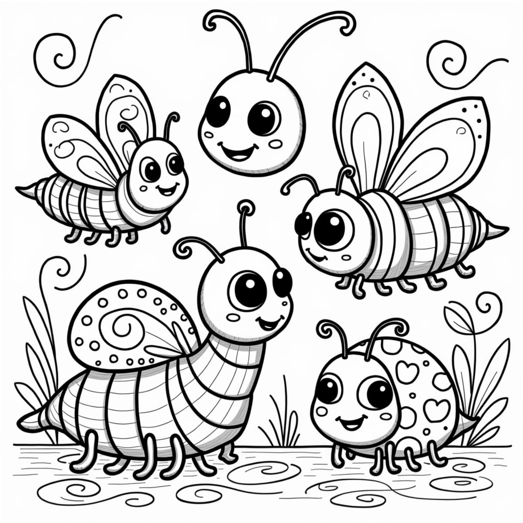 Create a playful line drawing featuring four whimsical insects.
1. **Insect Features**:
- **Insect 1**: A cheerful beetle with rounded body, long curved antennae, and a dotted shell pattern.
- **Insect 2**: A friendly caterpillar with multiple segments, big eyes, and a smiling mouth, displaying stripes.
- **Insect 3**: A vibrant butterfly with large wings that have swirl patterns and tiny spots, featuring a content expression.
- **Insect 4**: A whimsical ladybug with oversized eyes, short legs, and a patterned back showcasing hearts instead of spots.
2. **Background Elements**:
- Include abstract swirls and simple forms resembling leaves and flowers to create a vibrant, garden-like atmosphere.
3. **Coloring Compatibility**:
- Ensure all elements are outlined clearly for easy coloring, with playful, cartoonish proportions.
4. **Remove Brand References**:
- No logos or identifiable brand symbols should be present.
This design should give a fun and inviting feel suitable for children’s coloring activities.