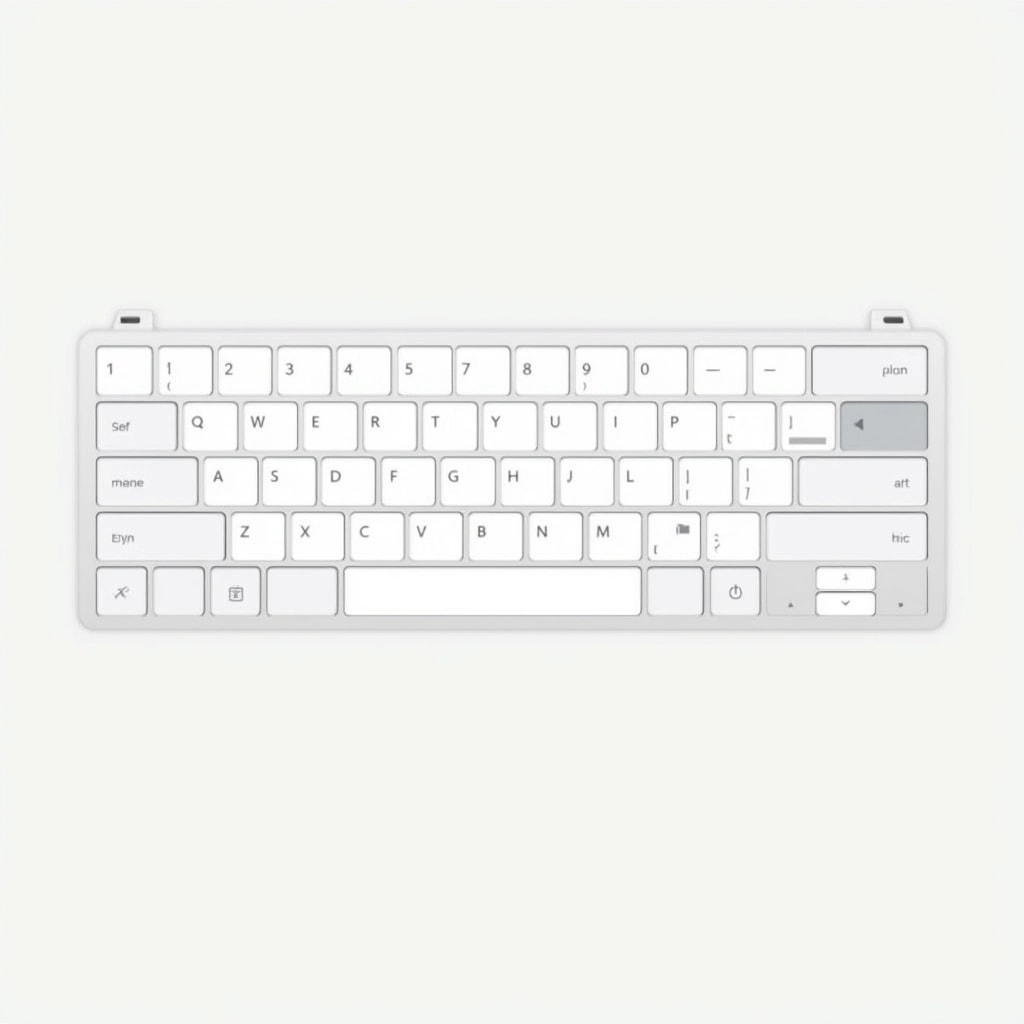 ### Revised Keyboard Design
- **Layout**: Standard QWERTY arrangement.
- **Key Labels**: Replace existing symbols with generic symbols (e.g., use shapes like circles, triangles) or a different language set.
- **Key Colors**: Use a simple color scheme, perhaps a mix of light gray and white for the keys.
- **Modifier Keys**: Change the design of modifier keys (Shift, Ctrl, Alt) to plain rectangles without any icons or branding.
- **Function Keys**: Include symbols representing common functions (like a home icon, a heart, etc.) instead of brand references.
- **Space Bar**: Make it wider and visually distinct, perhaps with a soft shadow effect.
- **Enter Key**: Change the size to match other keys but keep an arrow symbol for functionality.
This design maintains functionality while providing a unique and simplified visual identity.