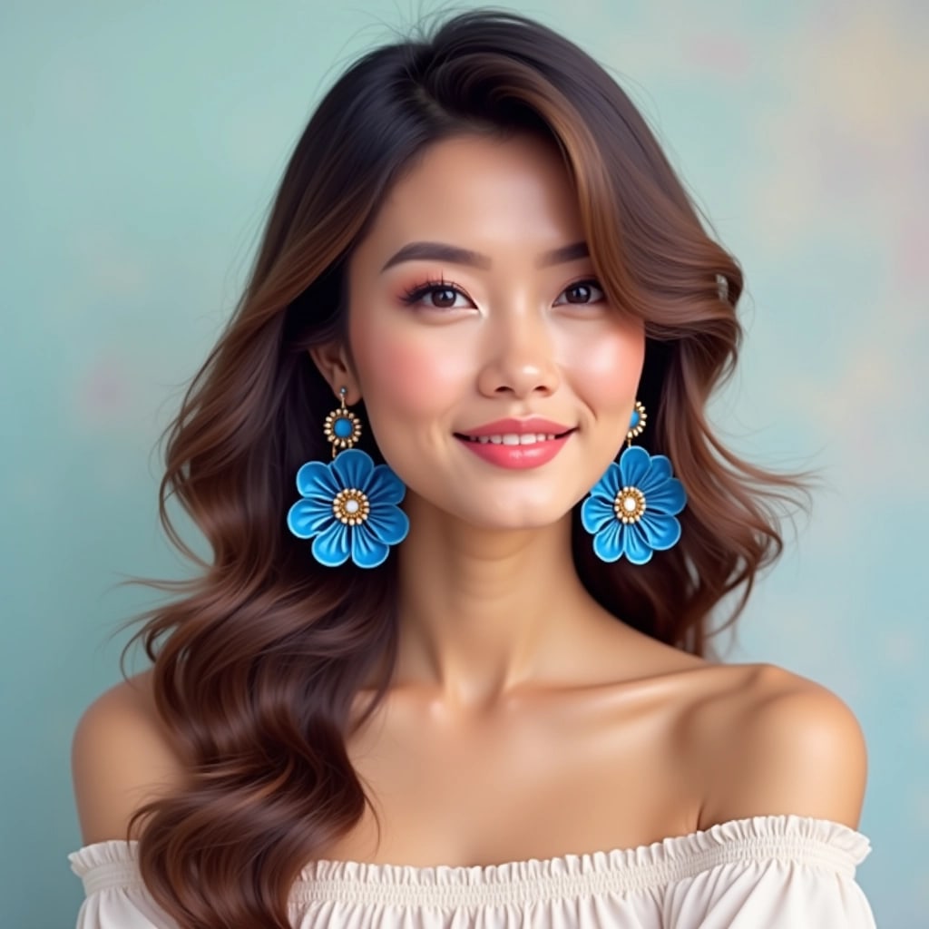 Create a portrait of a woman with long, wavy hair styled elegantly to one side. She has a serene expression and is wearing large, vibrant blue earrings with a floral design, featuring intricate detailing. The background is a soft gradient of pastel colors, enhancing the calm mood of the image. The woman is dressed in a simple yet elegant off-the-shoulder top, devoid of any logos or brand elements. Focus on soft lighting to highlight her features and the earrings.