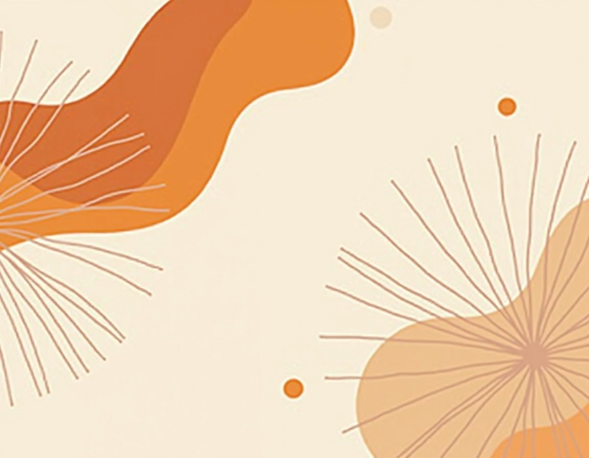 Create an abstract design featuring organic shapes in a gradient of warm oranges and soft pastel hues. Replace the existing leaf elements with more geometric, stylized shapes, and remove any circular patterns. Instead of rays, incorporate wavy lines that flow from one side of the composition to the other, adding a sense of movement. Use a light cream background to enhance the contrast, ensuring a balanced and inviting look.