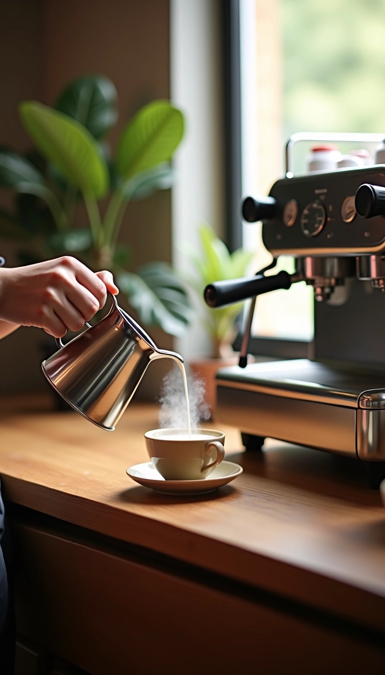 Reimagine the design of the image as follows:
A warm, cozy café setting where a person is pouring steamed almond milk from a sleek, stainless steel pitcher into a larger, round ceramic cup instead of a small one. The cup could be a soft beige color, and the countertop is wooden instead of metal. The espresso machine in the background now has a more minimalist, retro design, perhaps with rounded edges. Soft natural lighting filters in from a nearby window, creating a comfortable atmosphere.