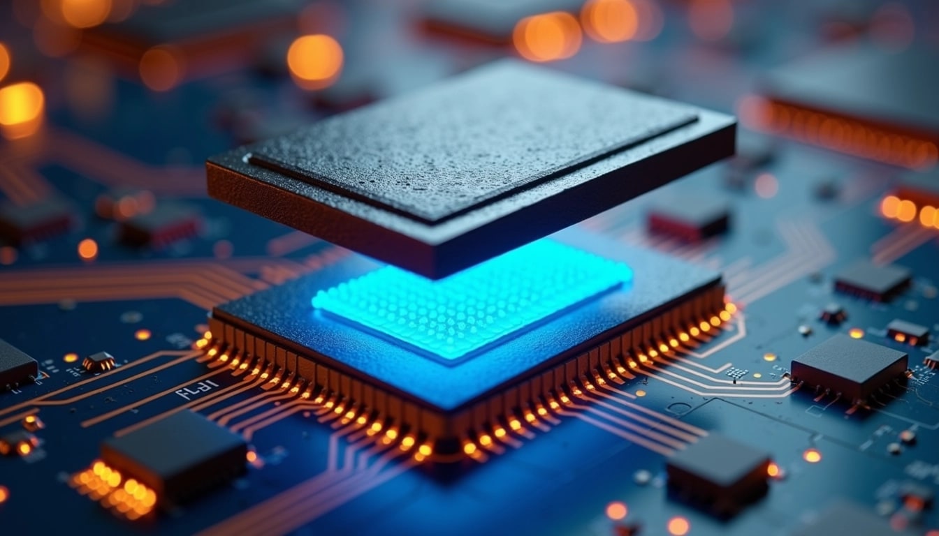**Prompt:**
Create an image featuring a sleek, rectangular high-tech component hovering above a circuit board. The circuit board should have a dark blue background with bright, glowing orange and yellow electronic pathways. Modify the component to have a textured surface with a gradient from dark gray on top to metallic silver at the edges, and replace the bright light underneath with a pulsating blue glow. Ensure that there are various small circuits and microchips visible on the board with soft glowing lights of different colors, creating a dynamic and engaging atmosphere.