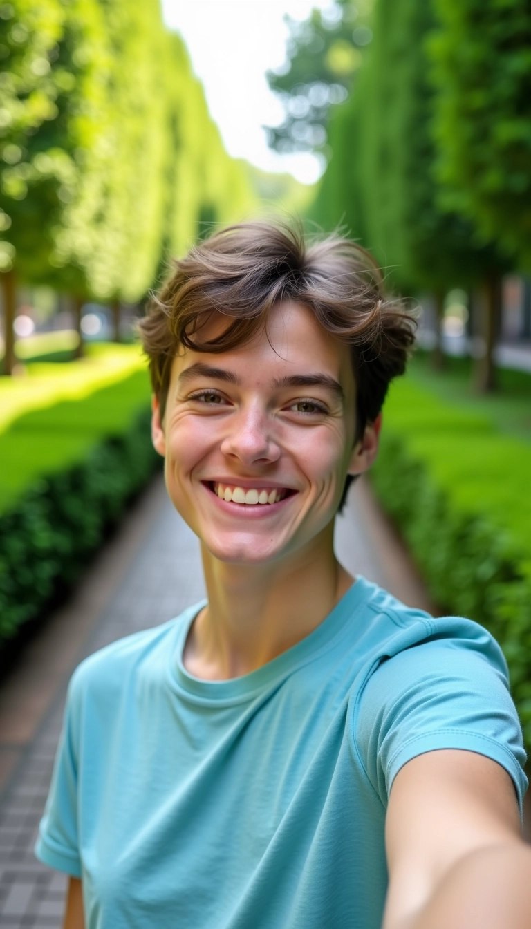 Create an image of a person taking a selfie in a lush, green park setting. The individual has short, slightly wavy hair and is wearing a plain, light blue t-shirt. The background features rows of vibrant green bushes and trees, with soft sunlight filtering through the leaves. The person is looking directly at the camera, smiling gently, conveying a relaxed and joyful vibe.