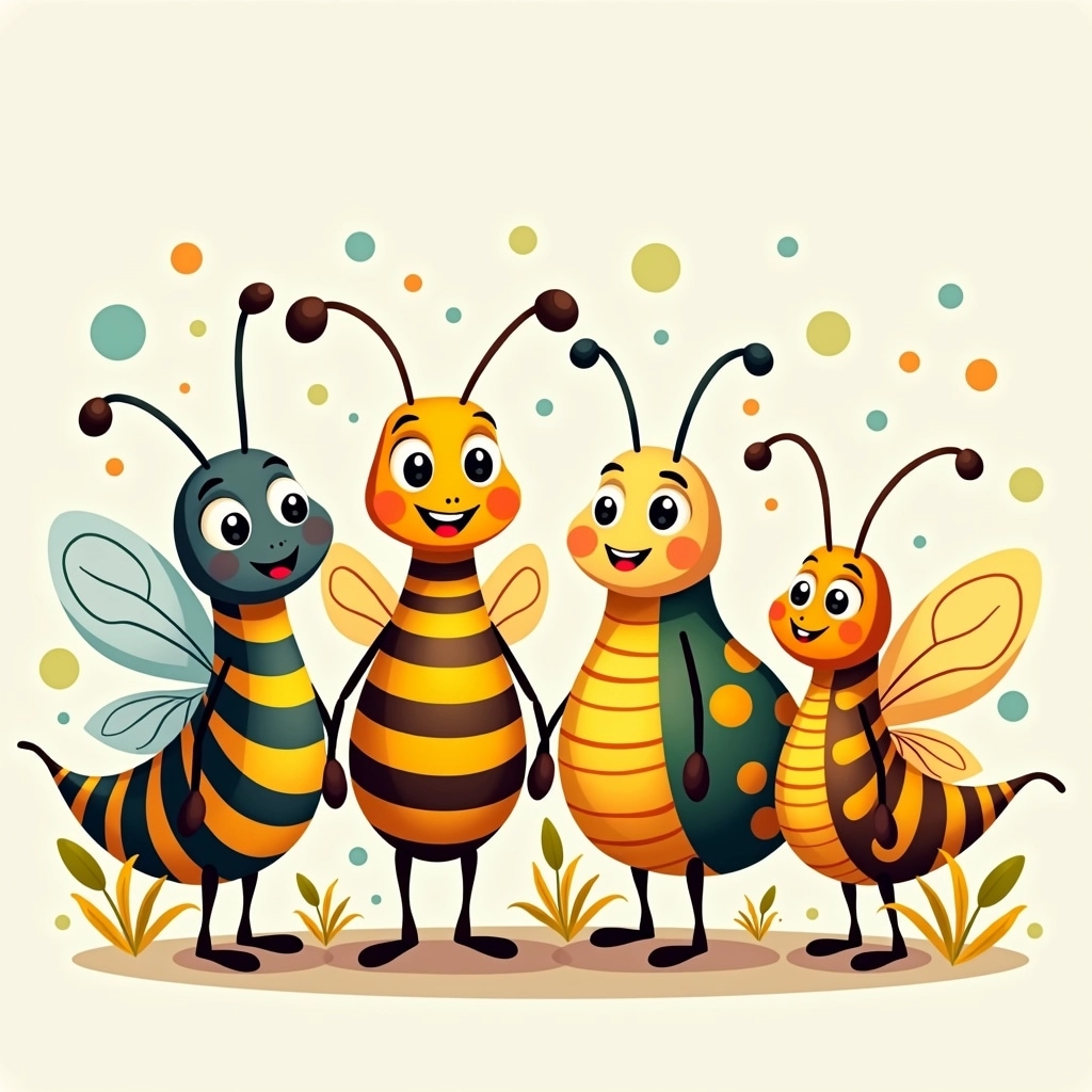 Create a playful illustration featuring four cartoon insects standing together. One insect should have large expressive eyes and alternating stripes, resembling a caterpillar. Another can be a rounded creature with spots and a wide smile. The third should have long antennae and a teardrop-shaped body, while the fourth can be a butterfly-like insect with curved wings and a cheerful expression. Surround them with whimsical, flowing patterns and bubbles, ensuring the background is lively but not overly detailed.
