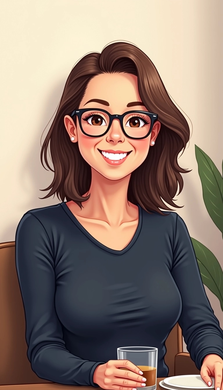 Create an illustration of a woman with shoulder-length brown hair, wearing round glasses and a joyful expression. She should be dressed in a casual navy blue top, while seated against a light, neutral-colored wall with soft texture. The setting is informal, akin to a cozy gathering rather than a professional environment, and there should be a simple glass in her hands. The overall tone should convey warmth and friendliness, focusing on her engaging smile.
