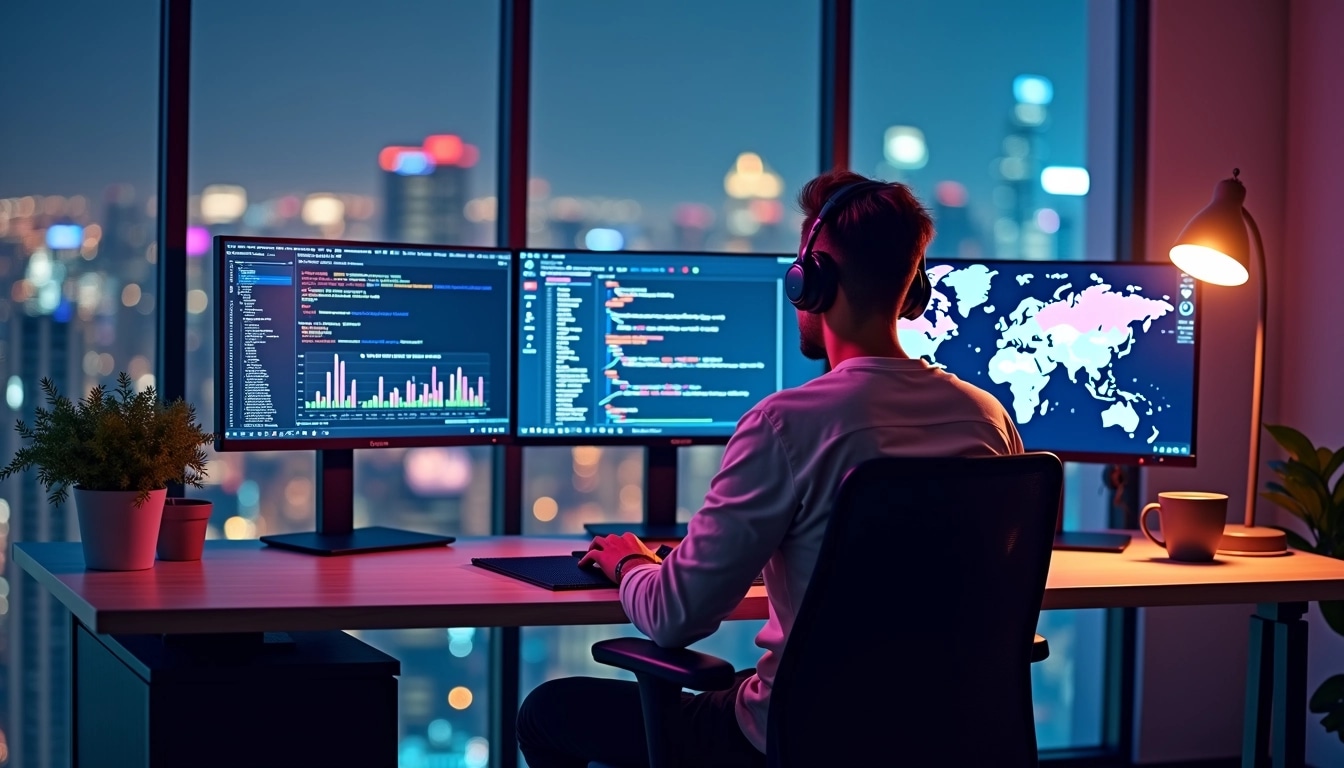 Create an image of a person working at a sleek, modern desk with three monitors displaying colorful data visualizations. The workspace should be organized, with a potted plant and a cup of coffee on the table. The person is focused on coding, wearing headphones, and sitting comfortably in an ergonomic chair. The room is softly lit, with a view of a city skyline at night, showcasing twinkling lights outside the window. Replace any visible brand logos or names with generic representations.