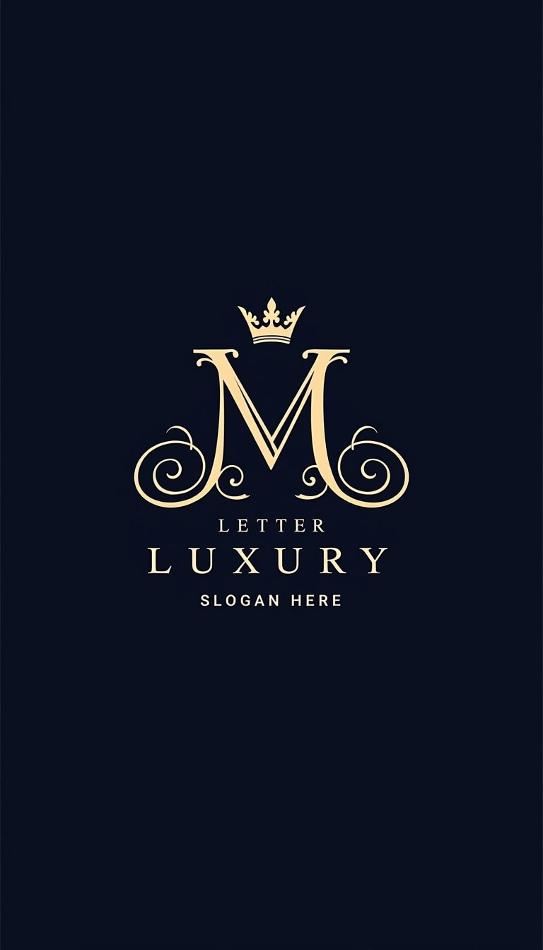 **Design Breakdown:**
- **Color Scheme:** Use a deep navy blue background instead of black, paired with a silver or rose gold for the initials and decorative elements.
- **Initials:** Change the prominent letter from "N" to "M." Keep the elegant styling but adjust the curvature and flourishes for a unique look.
- **Crown Element:** Replace the crown with a stylized feather or leaf motif that adds a touch of sophistication without being overly ornate.
- **Decorative Flourishes:** Alter the swirls and curls surrounding the initials to have a more modern, geometric feel, while maintaining an overall sense of elegance.
- **Text Placement:** Instead of "LETTER LUXURY," use a placeholder phrase like "PREMIUM QUALITY" in a sleek, sans-serif font centered underneath the initials.
- **Slogan Area:** Replace "SLOGAN HERE" with a more universal phrase like "YOUR TAGLINE HERE."
This reimagined design maintains an elegant and luxurious aesthetic while ensuring distinct features.