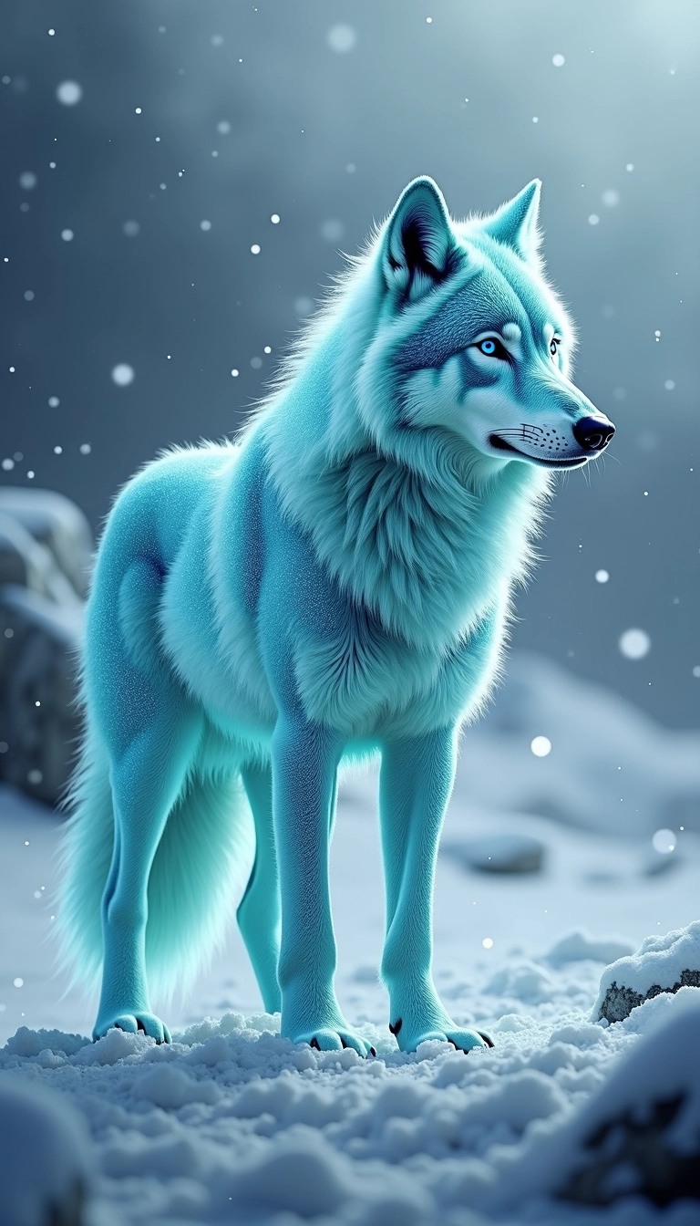 Create an image of a majestic wolf with a shimmering crystalline texture, glowing in soft shades of turquoise. The wolf is standing in a snowy landscape, surrounded by gently falling snowflakes, with a backdrop of distant icy mountains. Remove any brand references, ensuring the focus is on the ethereal beauty and grace of the wolf and its environment.