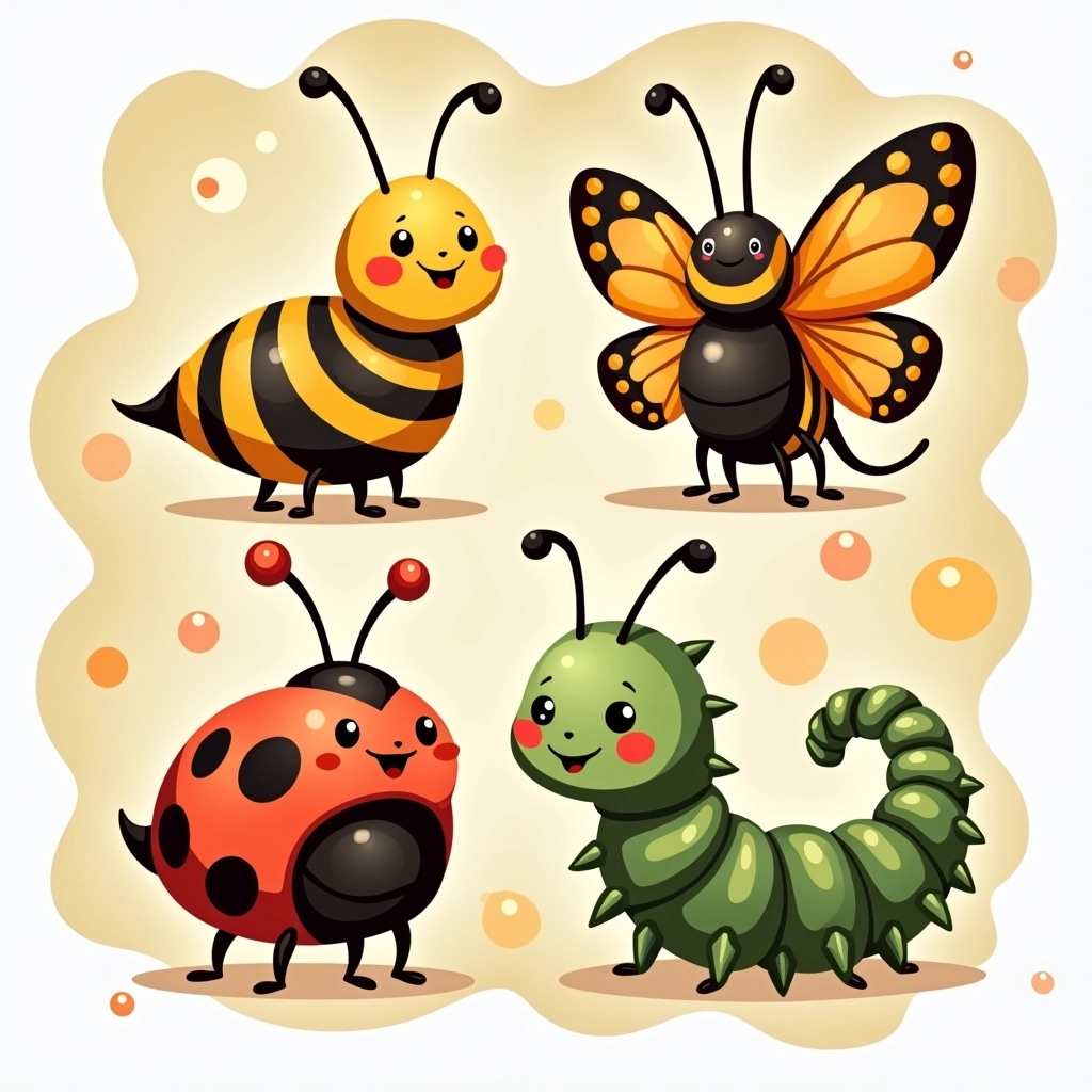 Create a whimsical design featuring four cartoon insect characters. Replace their original features:
1. Change the first insect from a striped body to a polka-dotted one, with smaller antennae.
2. Transform the second insect into a butterfly with larger, wavy wings and a playful expression.
3. Modify the third insect to have a rounded body like a ladybug but give it spiky legs.
4. Make the final insect a quirky caterpillar with segments and gentle eyes.
Surround them with a swirling abstract background of organic shapes and bubbles, ensuring no brand references are present.