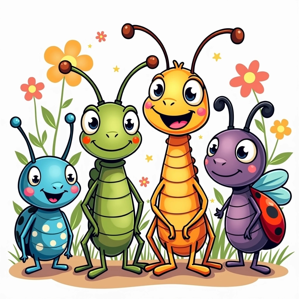 Create a playful illustration featuring four cartoon insect characters. Modify their designs as follows:
1. **Character 1**: A blue beetle with polka dots and shorter legs, giving it a stubby appearance.
2. **Character 2**: A tall, slender grasshopper with elongated antennae and a bright orange body with wavy patterns.
3. **Character 3**: A cheerful caterpillar with a green body that has vertical stripes and oversized round eyes.
4. **Character 4**: A shiny, winged ladybug with a purple body and starry designs on its wings.
Incorporate whimsical elements in the background, like swirling plants and oversized flowers, without any brand references. Use a fun, coloring book style.