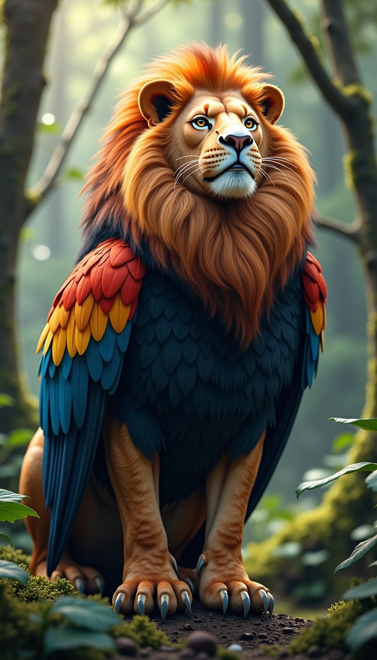 Create an image of a mythical creature that combines features of a lion and an eagle. The creature should have a strong, muscular lion's body with vibrant, colorful plumage instead of fur. Its wings should be large and majestic, resembling those of an eagle, extending from its back. The head should be a blend of both animals, featuring a lion's face with sharp, bird-like eyes. Place this creature in a tranquil forest setting with soft lighting, and eliminate any identifiable branding or logos.