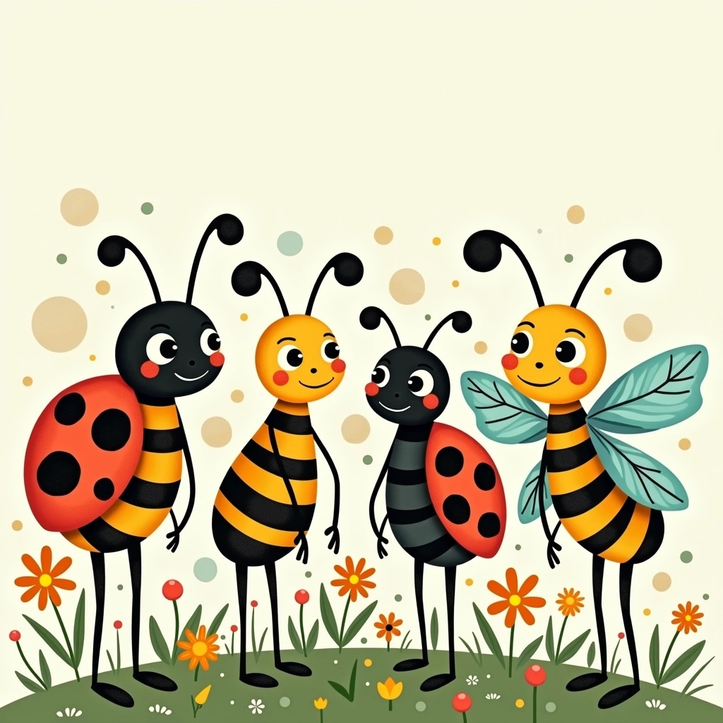 Create a whimsical illustration featuring four cartoon insects.
1. **Insect Design Alterations**:
- Change the first insect to have shorter antennae and polka-dot patterns on its body.
- For the second insect, make it a butterfly with bold stripes instead of spots and larger wings.
- Transform the third insect into a ladybug with elongated legs and a smiley face.
- Make the fourth insect a dragonfly with thin wings and unique swirl patterns on its abdomen.
2. **Background Elements**:
- Introduce swirling lines and abstract shapes in the background, creating a playful garden scene without any recognizable brands.
3. **Expressions and Features**:
- Ensure all insects have cheerful expressions with prominent, exaggerated eyes.
- Incorporate bubbles or floating shapes around them to add a lively, dynamic feel to the scene.
