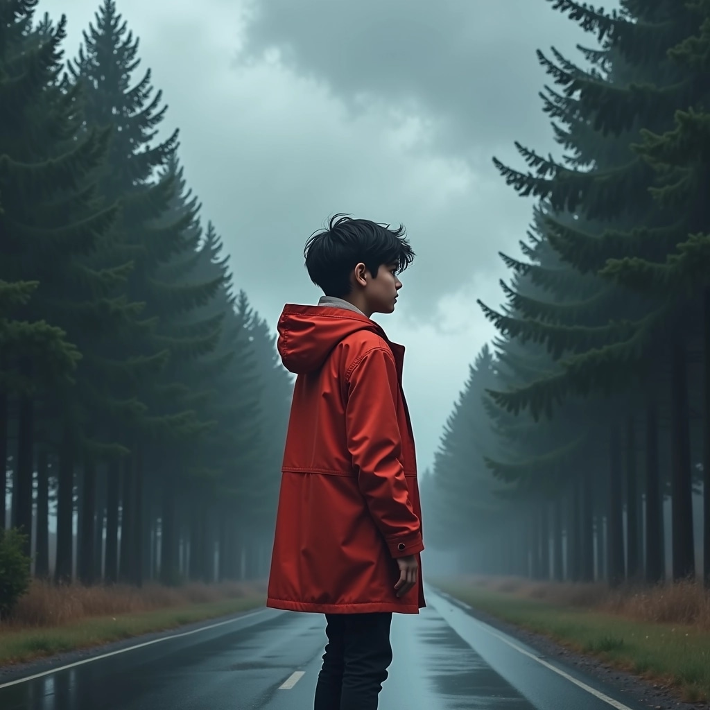 Design a new scene featuring a young person standing on a misty road, surrounded by tall, dense trees. The subject should wear a bright red raincoat with a slightly oversized hood, and have tousled dark hair. The background should feature a dramatic sky with darker clouds rolling in, creating a moody atmosphere. The road should be wet, reflecting the trees and sky, enhancing the sense of solitude and contemplation.