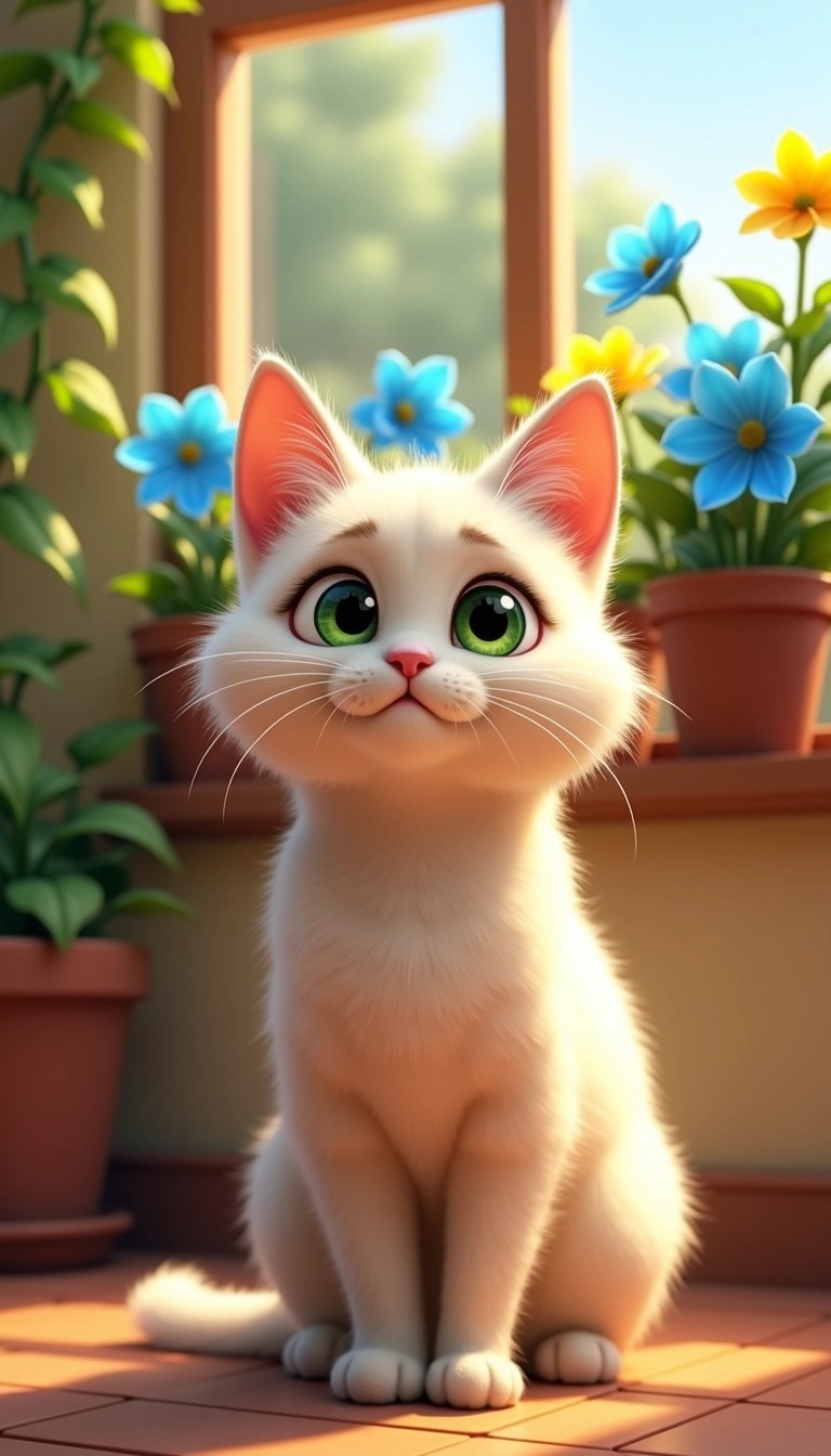**Prompt:**
Create an image featuring an animated cat with large, expressive green eyes and a fluffy cream-colored coat. The background should depict a sunlit balcony filled with vibrant blue and yellow flowers, alongside some hanging vines. Remove any brand references or logos from the image. The cat should be positioned in a curious pose, looking directly at the viewer, with soft shadows and highlights emphasizing its fur and the surrounding environment.
