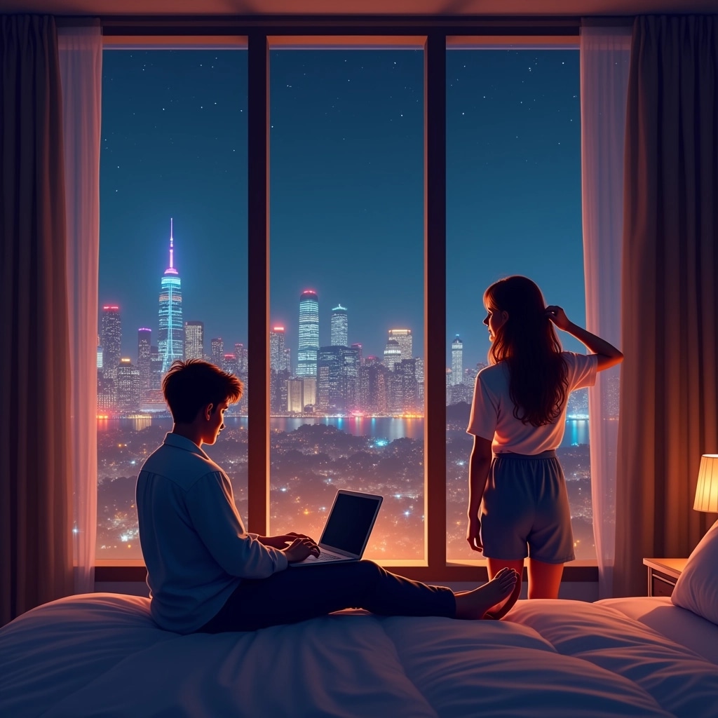 Create an image featuring a cozy hotel room scene at night, with a view of a vibrant city skyline through large windows. In the foreground, a person is sitting on a bed, casually using a laptop while leaning back. Behind them, another individual is standing with their back turned, running their fingers through their hair, looking out at the city lights. Adjust the color palette to warmer tones and make sure there are no branding elements visible in the scene.