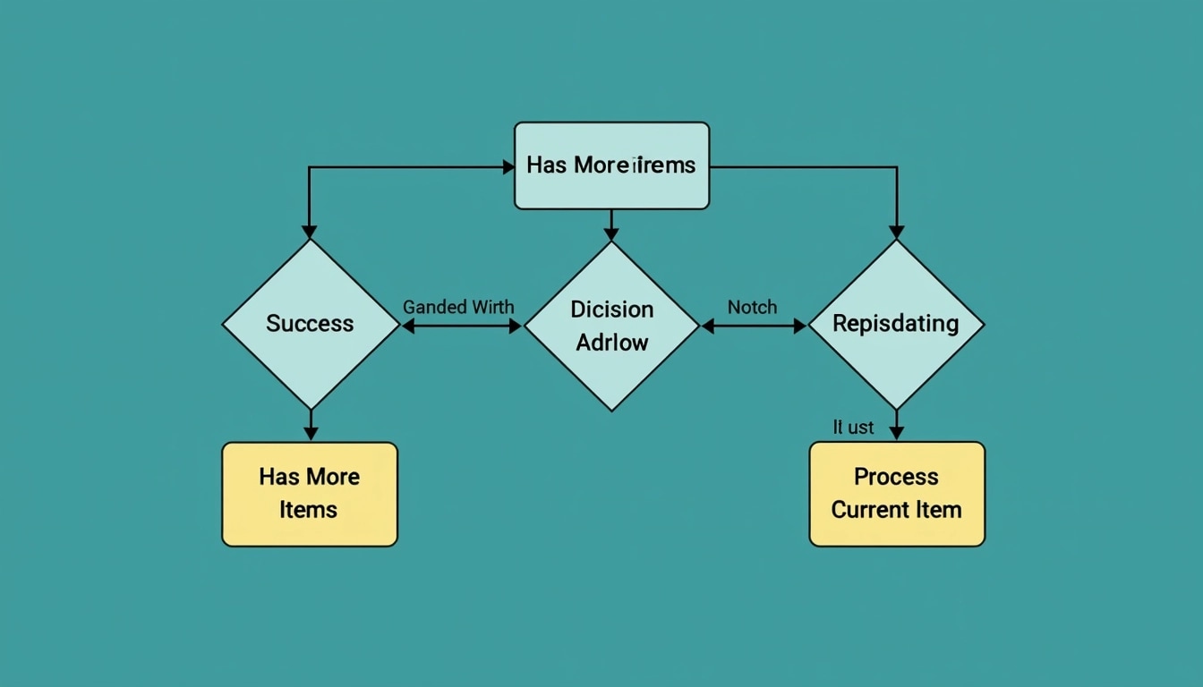 ### Flowchart Design Breakdown
1. **Flowchart Type**: Use a simple flowchart to represent a looping process.
2. **Decision Node**:
- Change the diamond shape label to "Has More Items?"
- Add a note indicating "If no more items are available."
3. **Process Node**:
- Change the rectangle label to "Process Current Item."
4. **Flow Direction**:
- Maintain arrows to indicate the flow from the decision node to the process node and back, but adjust the arrow styles slightly for variation.
5. **Layout**:
- Rotate the layout to have a vertical orientation.
- Ensure all nodes are evenly spaced for clarity.
6. **Color Scheme**:
- Alter the background color of decision and process nodes to a soft green and pale yellow respectively.
7. **Text Style**:
- Use a bolder font for the labels and ensure text is centered within the nodes.
These adjustments create a unique flowchart while preserving the logical structure of the original design.