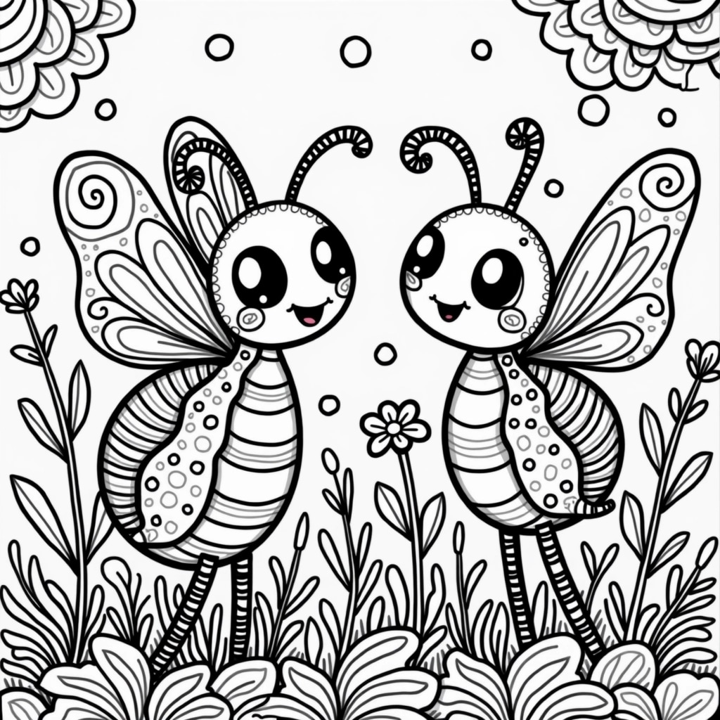 Create a coloring page featuring two whimsical insects in a vibrant garden setting. The first insect should have large, spiral-patterned wings and a round body adorned with various stripes and dots. The second insect can be a cheerful creature with an elongated body, big eyes, and playful antennae. Surround them with oversized flowers, leafy plants with unique textures, and abstract swirls in the background. Add an assortment of curvy, flowing shapes to give the piece a lively, imaginative feel. Remove any identifiable brand elements to ensure originality.