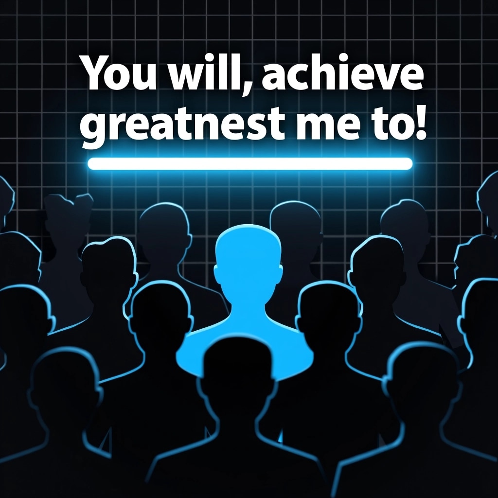 Create a graphic featuring a crowd of simplified, faceless figures in black against a dark grid background. Highlight one figure in vibrant blue, indicating it as "You." Above the crowd, use bold white text that reads "You will achieve greatness," and place a glowing horizontal line beneath the text. Ensure the overall design conveys empowerment and individuality without any brand elements.