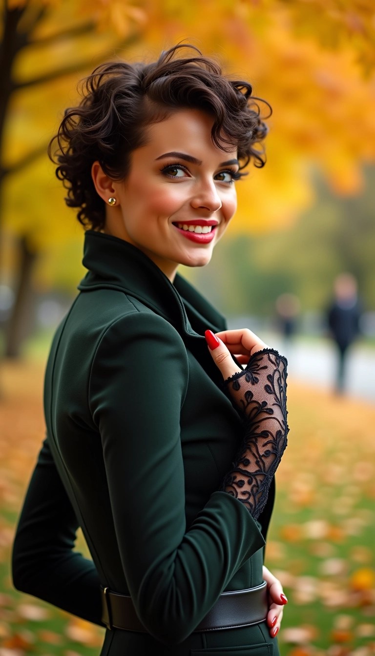 Create an image featuring a woman in a lush green park, facing slightly to the side with a playful expression. She has short, curly hair and wears a high-collared, fitted jacket. On her hand, she sports a fingerless lace glove. Her nails are painted in a bold color. The background is filled with vibrant autumn leaves, reflecting a warm, inviting atmosphere. Instead of a specific gesture, she lightly places her hand on her hip, exuding confidence. The lighting is soft, enhancing the warm tones of the scene without any brand references.