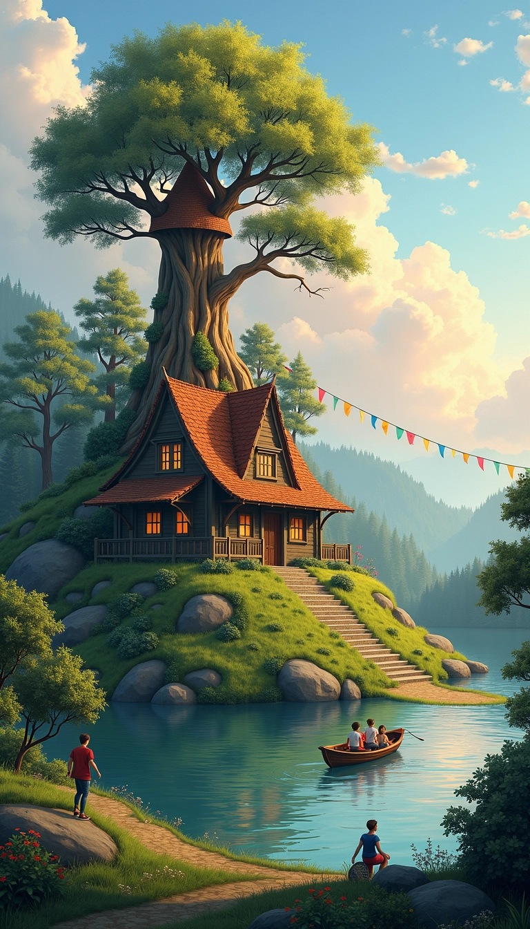 Design an image featuring a rustic cottage on a hilltop, with a small forest in the background. The sky should be partly cloudy with hints of a sunset, casting warm light. Replace the windmill with a whimsical treehouse that has colorful flags. In the foreground, depict a serene lake with a small boat and a few people engaged in leisurely activities, capturing a peaceful countryside atmosphere.