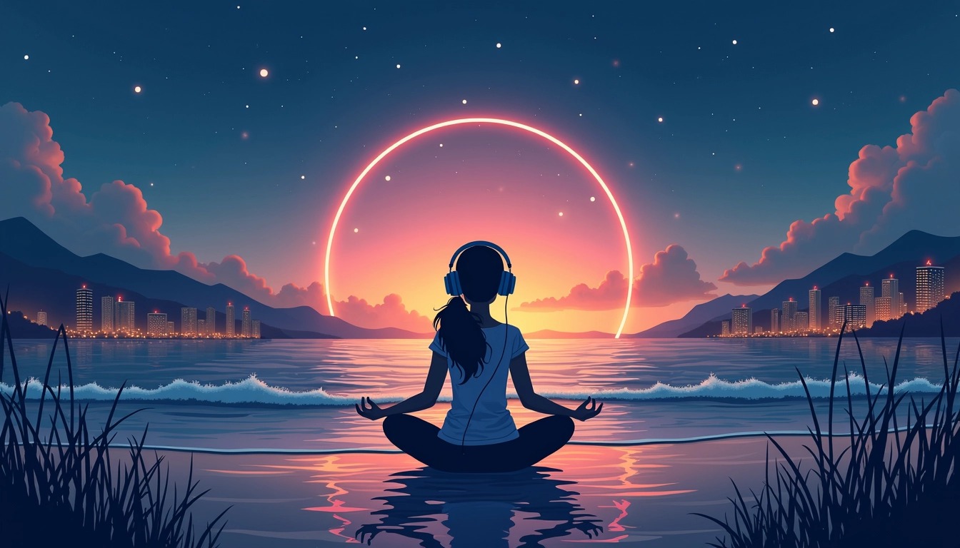 1. **Background**: Replace the urban nighttime cityscape with a tranquil nature scene, like a calm beach at sunset.
2. **Subject**: Change the figure from a girl wearing headphones to a person meditating, sitting cross-legged with eyes closed.
3. **Text**: Alter "MIND RELAXING Lofi_SONG" to "CALMING VIBES | CHILL BEATS".
4. **Color Scheme**: Adjust the color palette to softer pastels instead of vibrant city lights, creating a more serene atmosphere.
5. **Visual Effects**: Add gentle waves or flowing lines around the subject to convey a sense of peace and relaxation.
6. **Frame**: Use a circular frame around the subject, enhancing the focus on tranquility rather than a rectangular one.