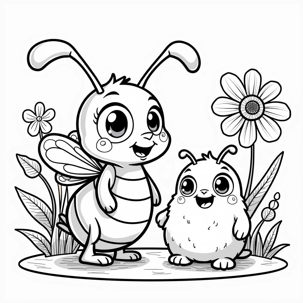 Create an image featuring two whimsical creatures: one resembling a cheerful insect with big eyes and patterned wings, and the other a small, round creature with expressive eyes and a playful smile. Surround them with various stylized leaves and flowers that have fun shapes and patterns. Ensure the scene is light-hearted and suitable for coloring, but avoid any brand-specific designs or references.